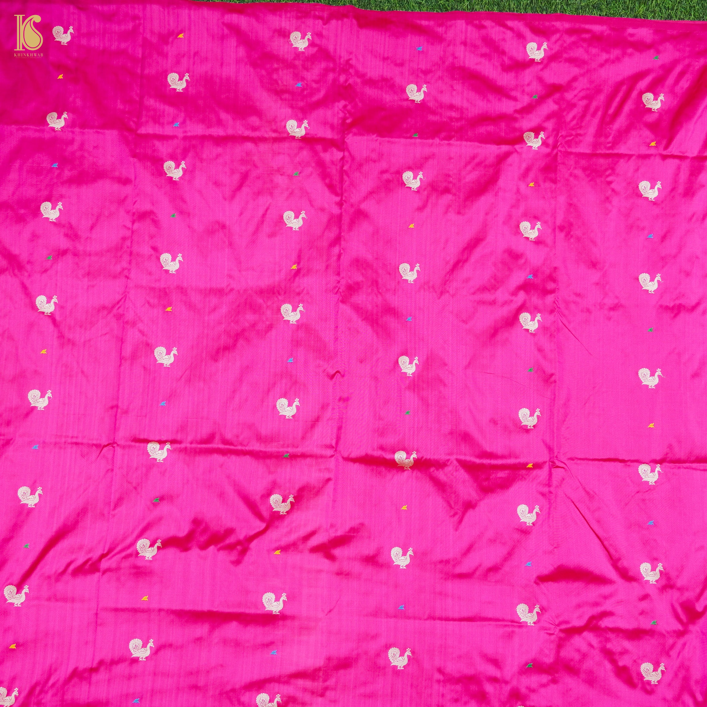 Persian Rose Handwoven Pure Katan Silk Banarasi Peacock Kadwa Fabric - Khinkhwab