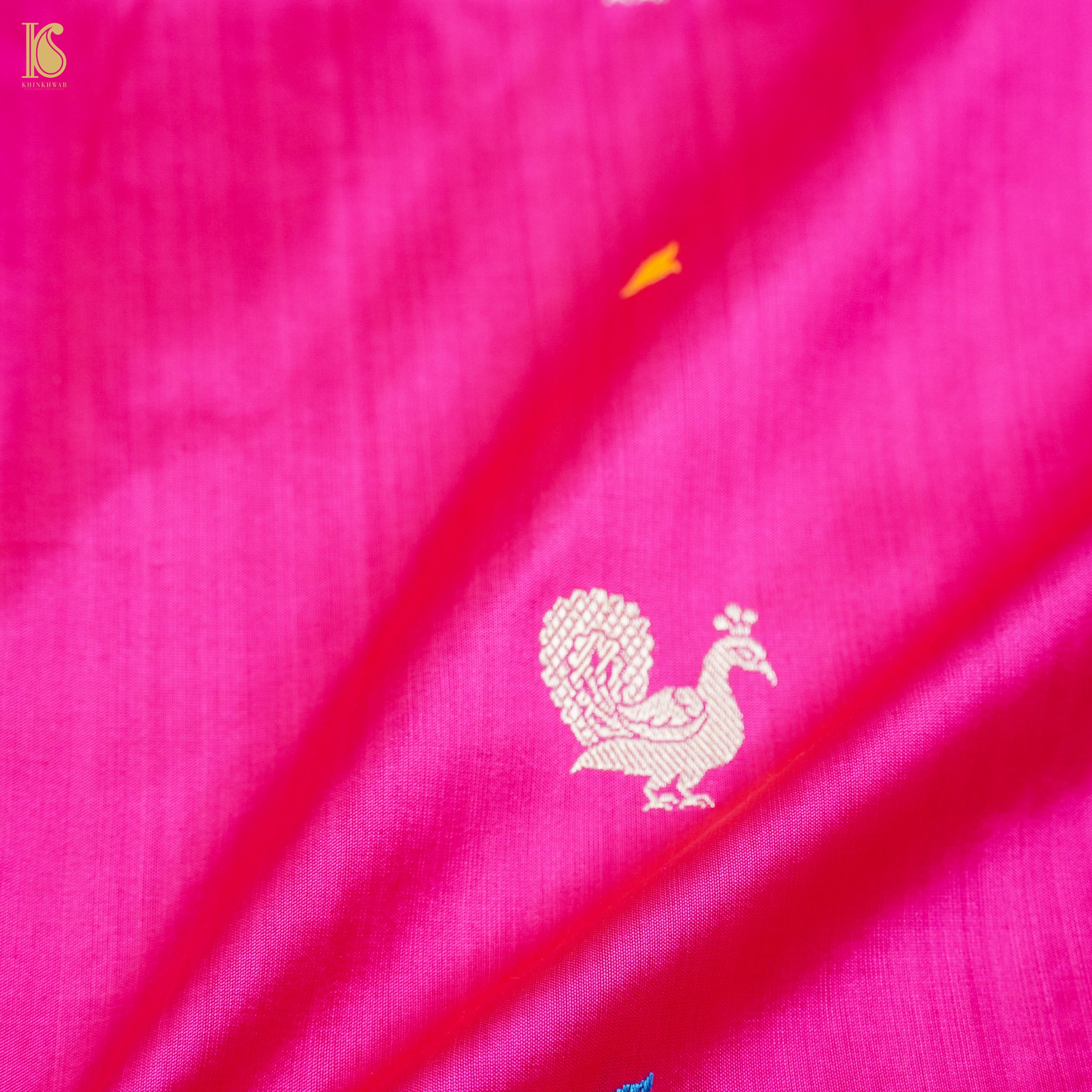 Persian Rose Handwoven Pure Katan Silk Banarasi Peacock Kadwa Fabric - Khinkhwab