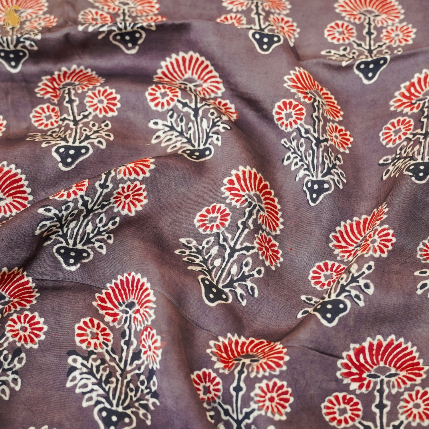 Brown Hand Block Ajrakh Modal Silk Fabric - Khinkhwab