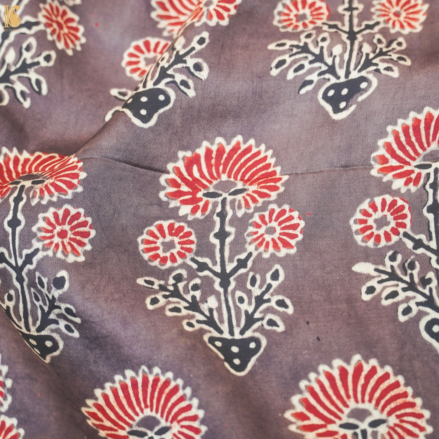 Brown Hand Block Ajrakh Modal Silk Fabric - Khinkhwab
