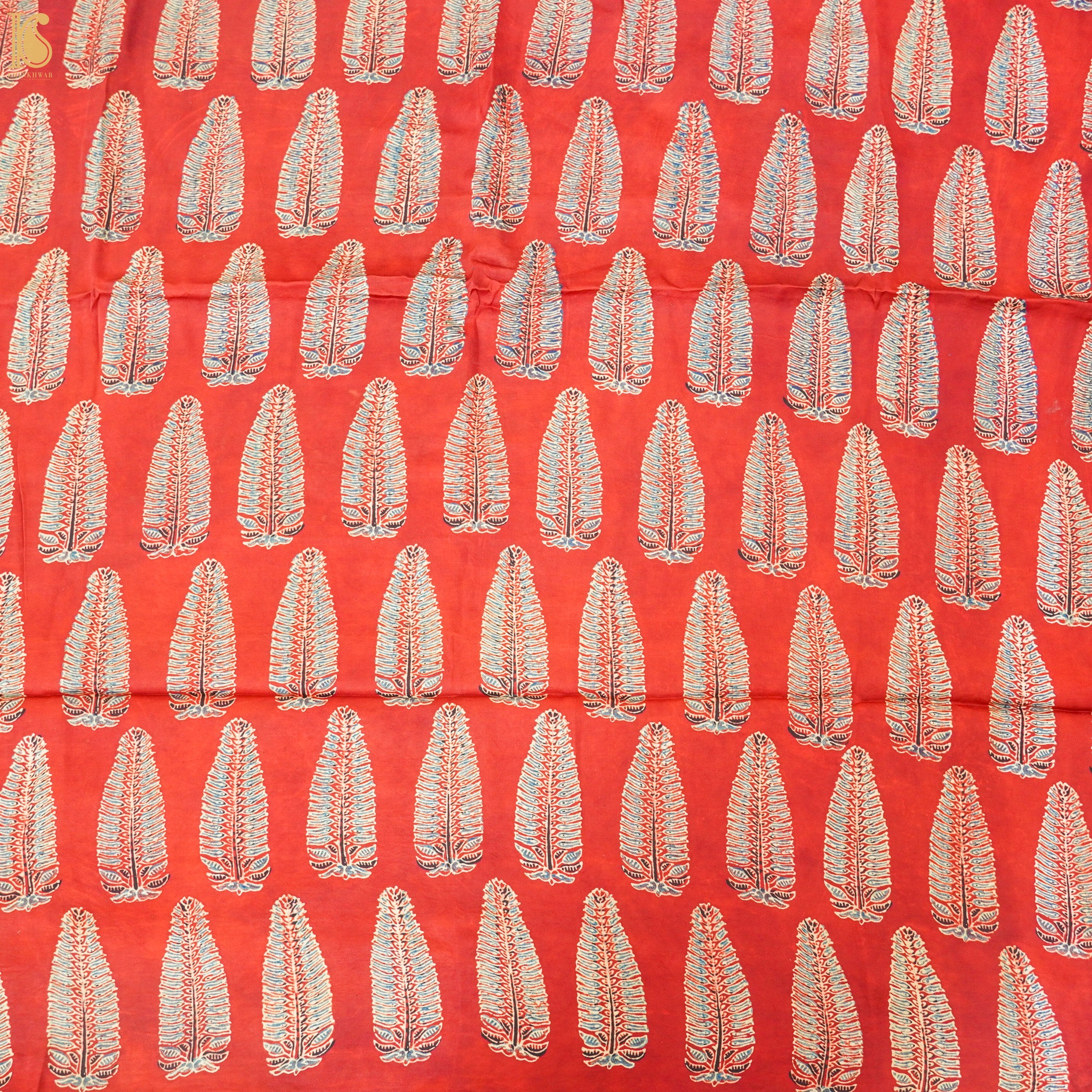 Red Leaf Hand Block Ajrakh Modal Silk Fabric - Khinkhwab