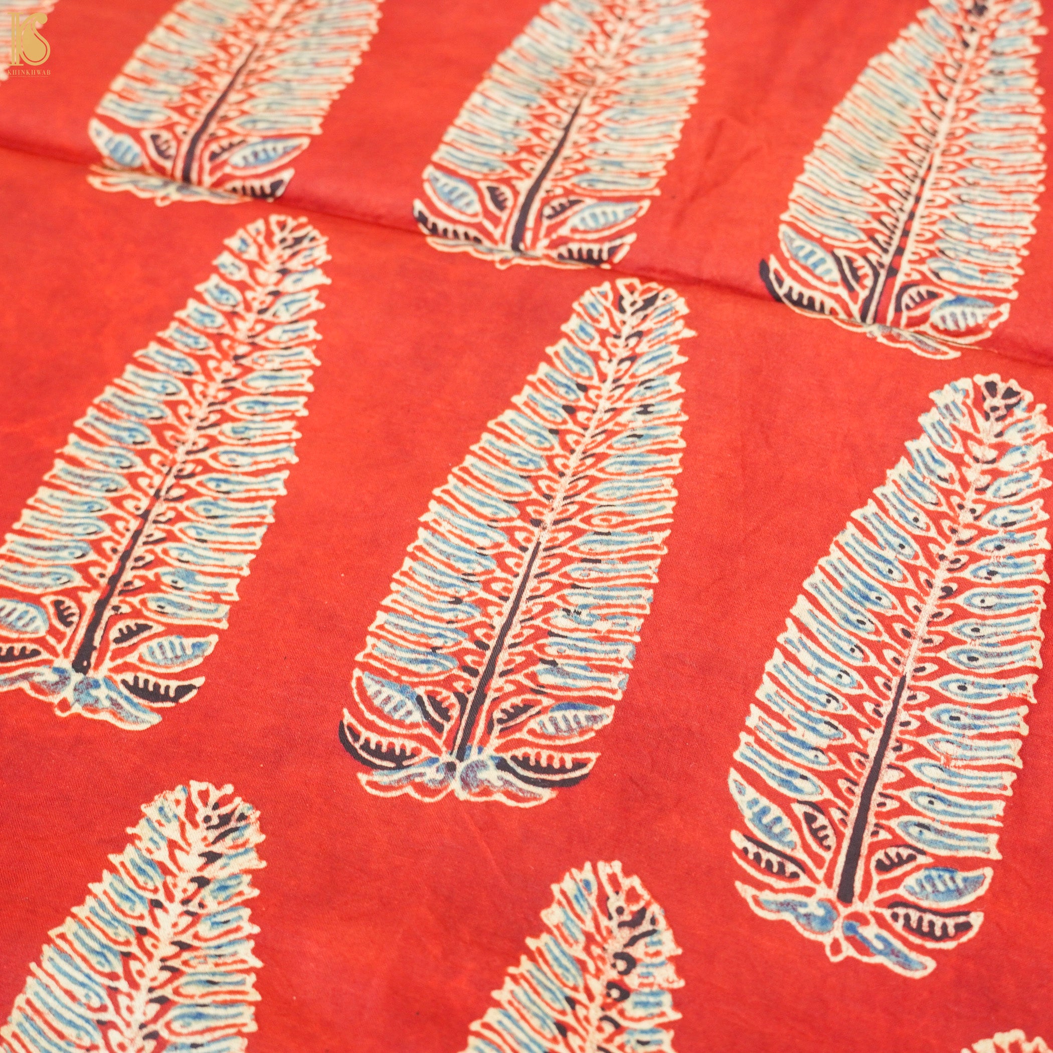 Red Leaf Hand Block Ajrakh Modal Silk Fabric - Khinkhwab