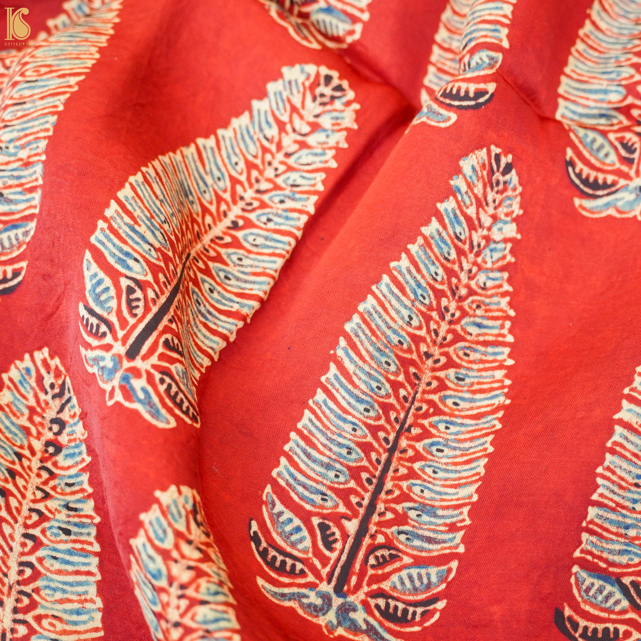 Red Leaf Hand Block Ajrakh Modal Silk Fabric - Khinkhwab