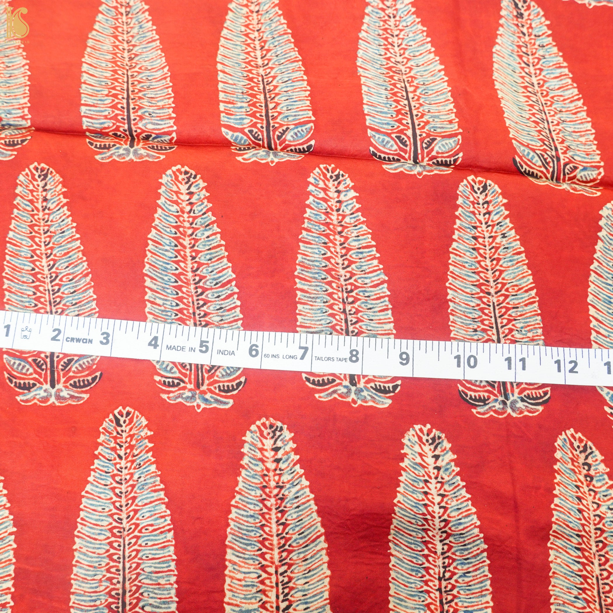 Red Leaf Hand Block Ajrakh Modal Silk Fabric - Khinkhwab
