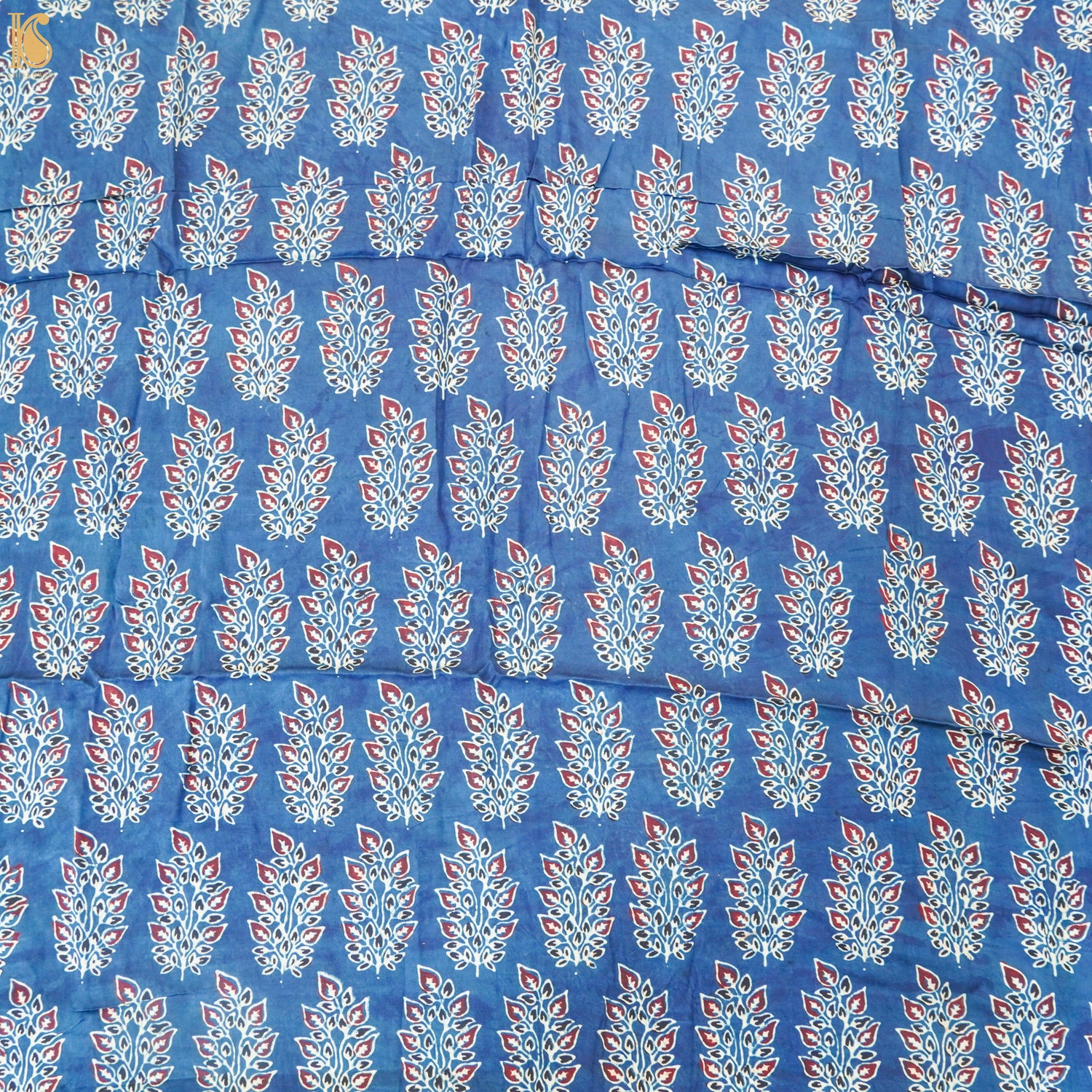 Blue Flower Hand Block Ajrakh Modal Silk Fabric - Khinkhwab