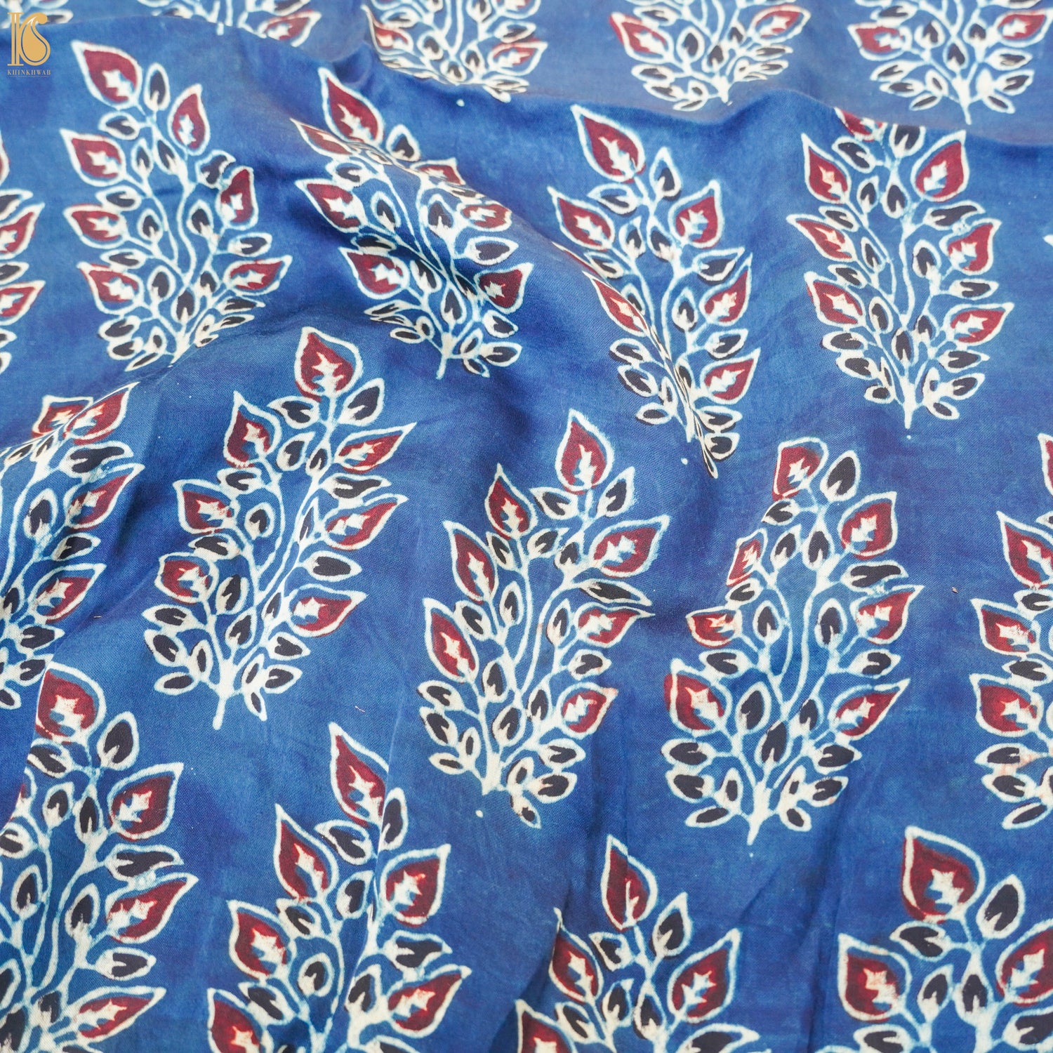 Blue Flower Hand Block Ajrakh Modal Silk Fabric - Khinkhwab