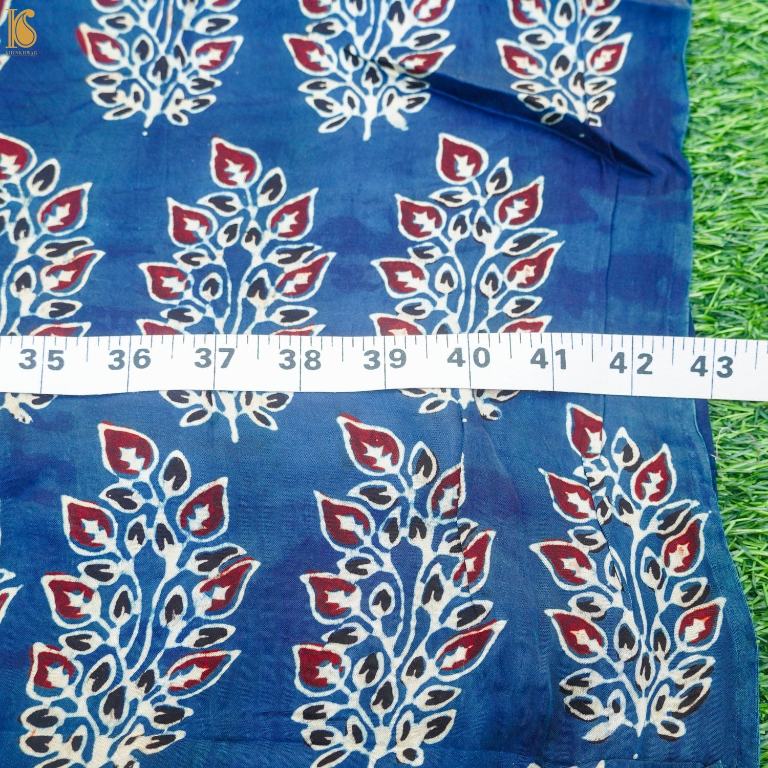 Blue Flower Hand Block Ajrakh Modal Silk Fabric - Khinkhwab