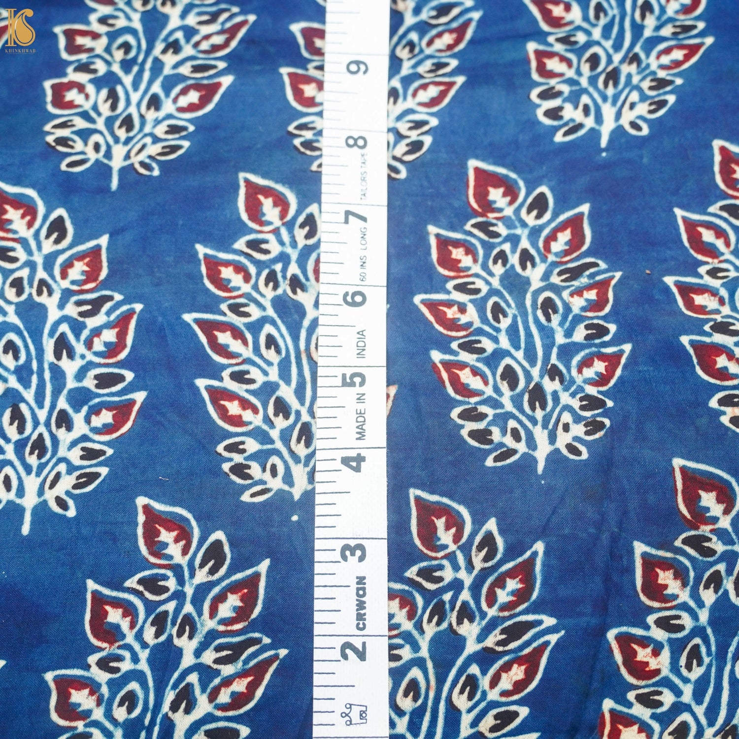 Blue Flower Hand Block Ajrakh Modal Silk Fabric - Khinkhwab
