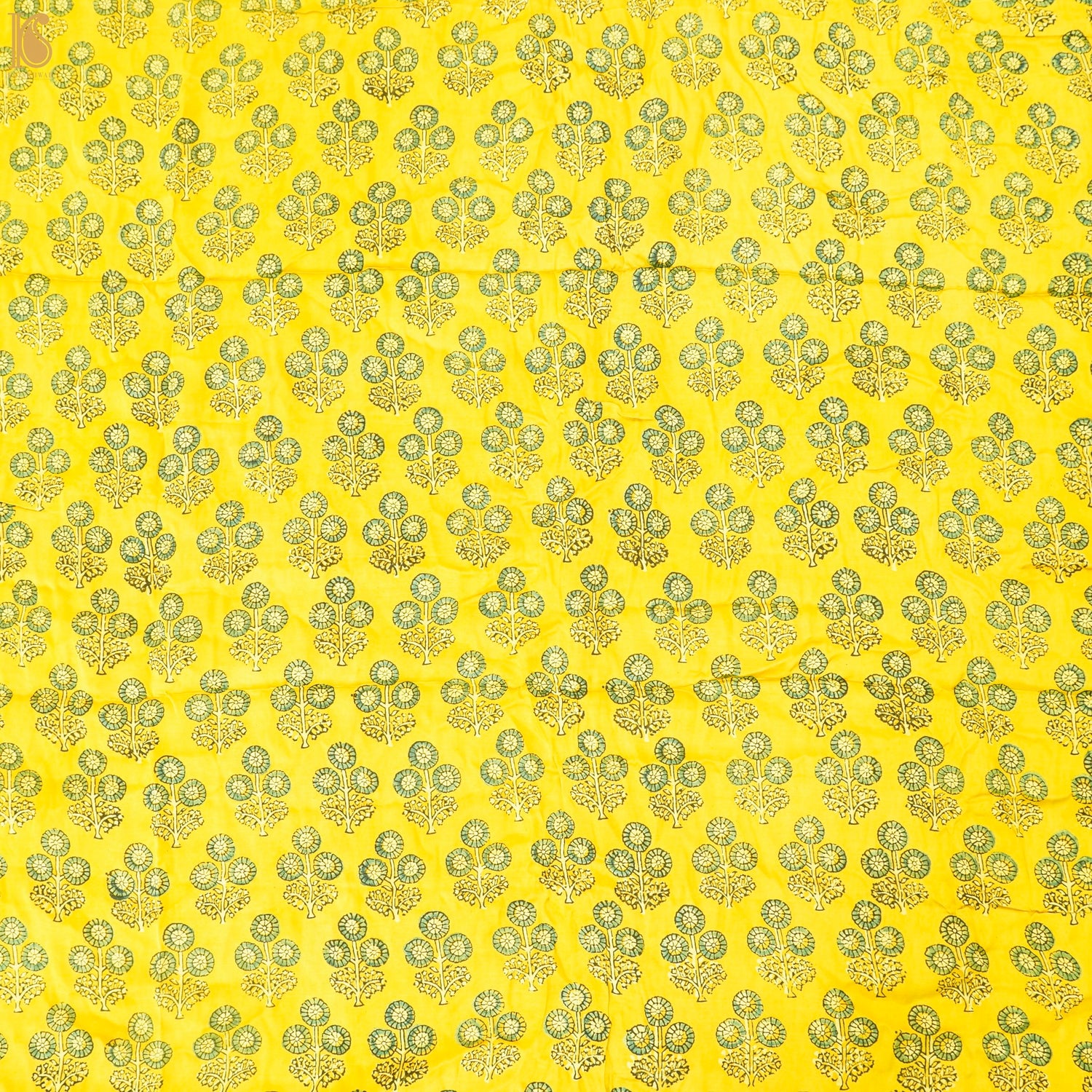 Yellow Flower Hand Block Ajrakh Modal Silk Fabric - Khinkhwab