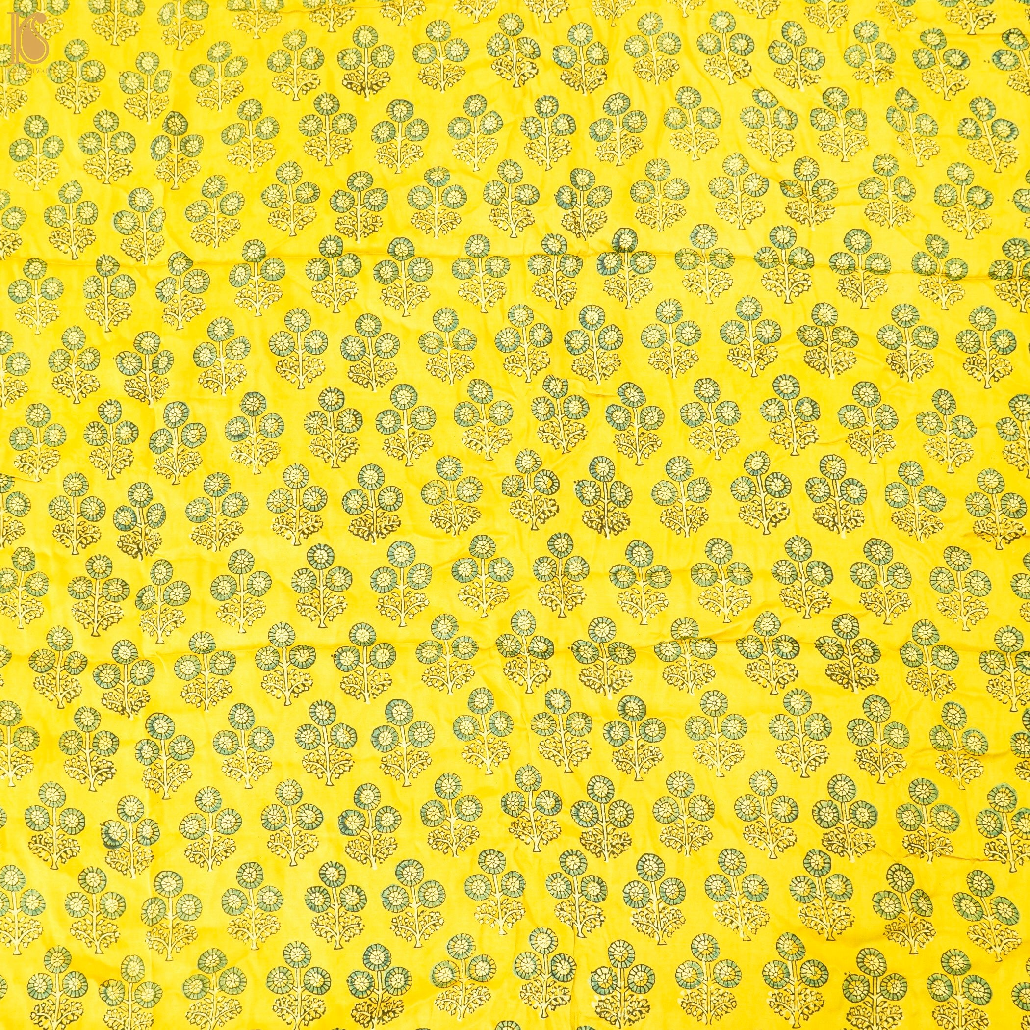 Yellow Flower Hand Block Ajrakh Modal Silk Fabric - Khinkhwab