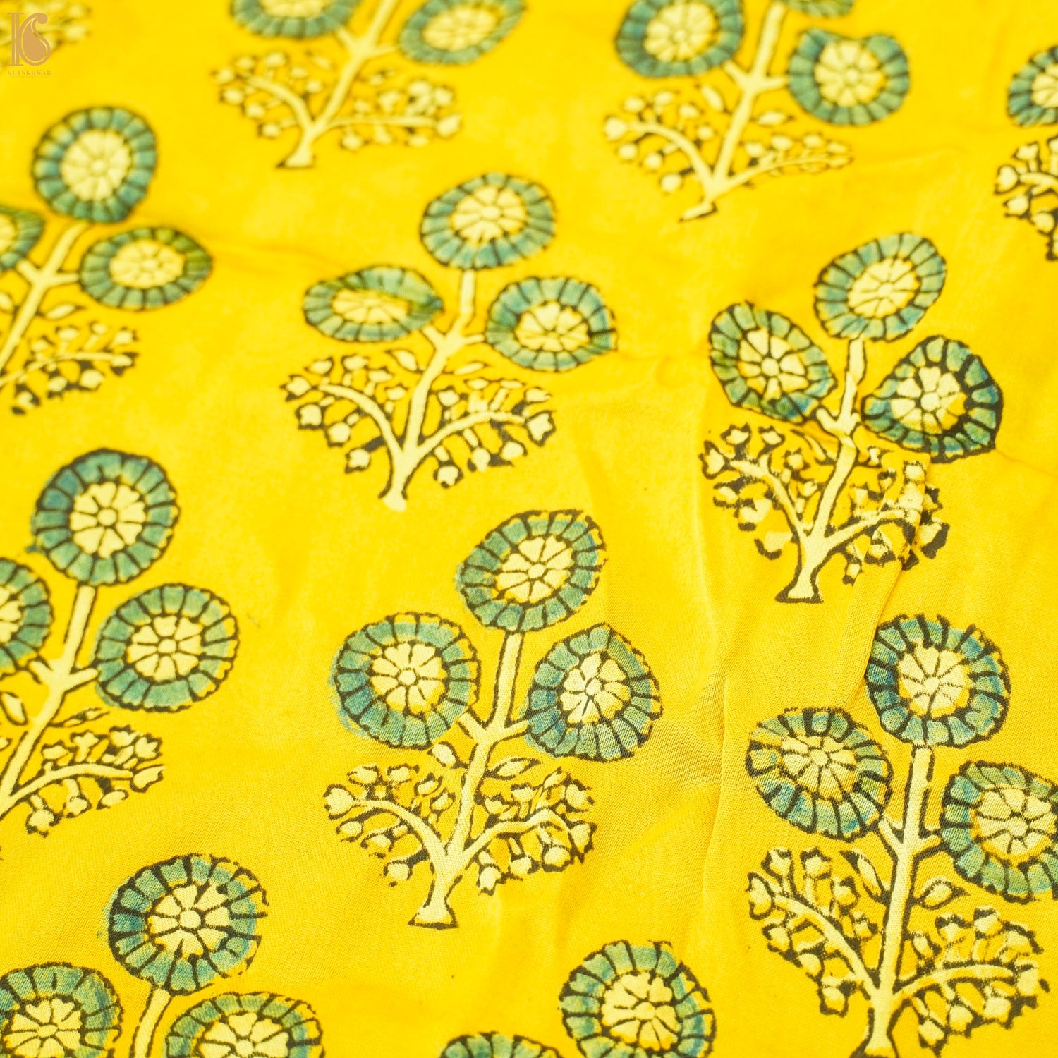 Yellow Flower Hand Block Ajrakh Modal Silk Fabric - Khinkhwab