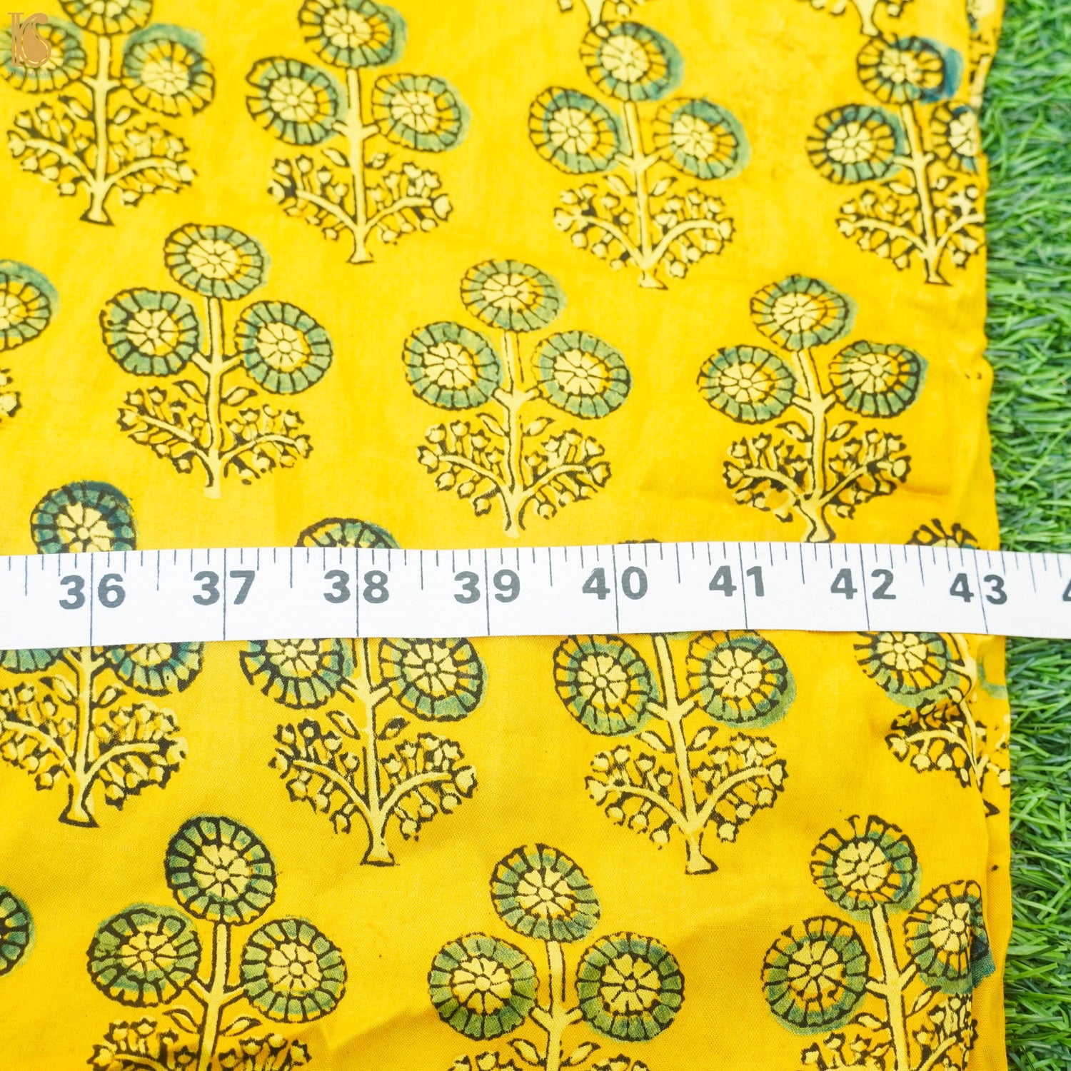 Yellow Flower Hand Block Ajrakh Modal Silk Fabric - Khinkhwab