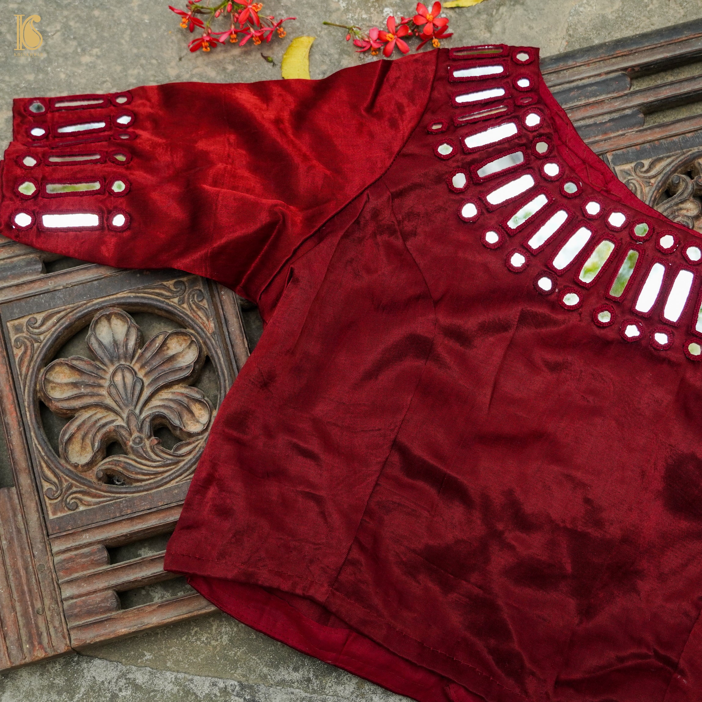 Venetian Red Pure Mashru Silk Stitched Blouse with Mirror Work