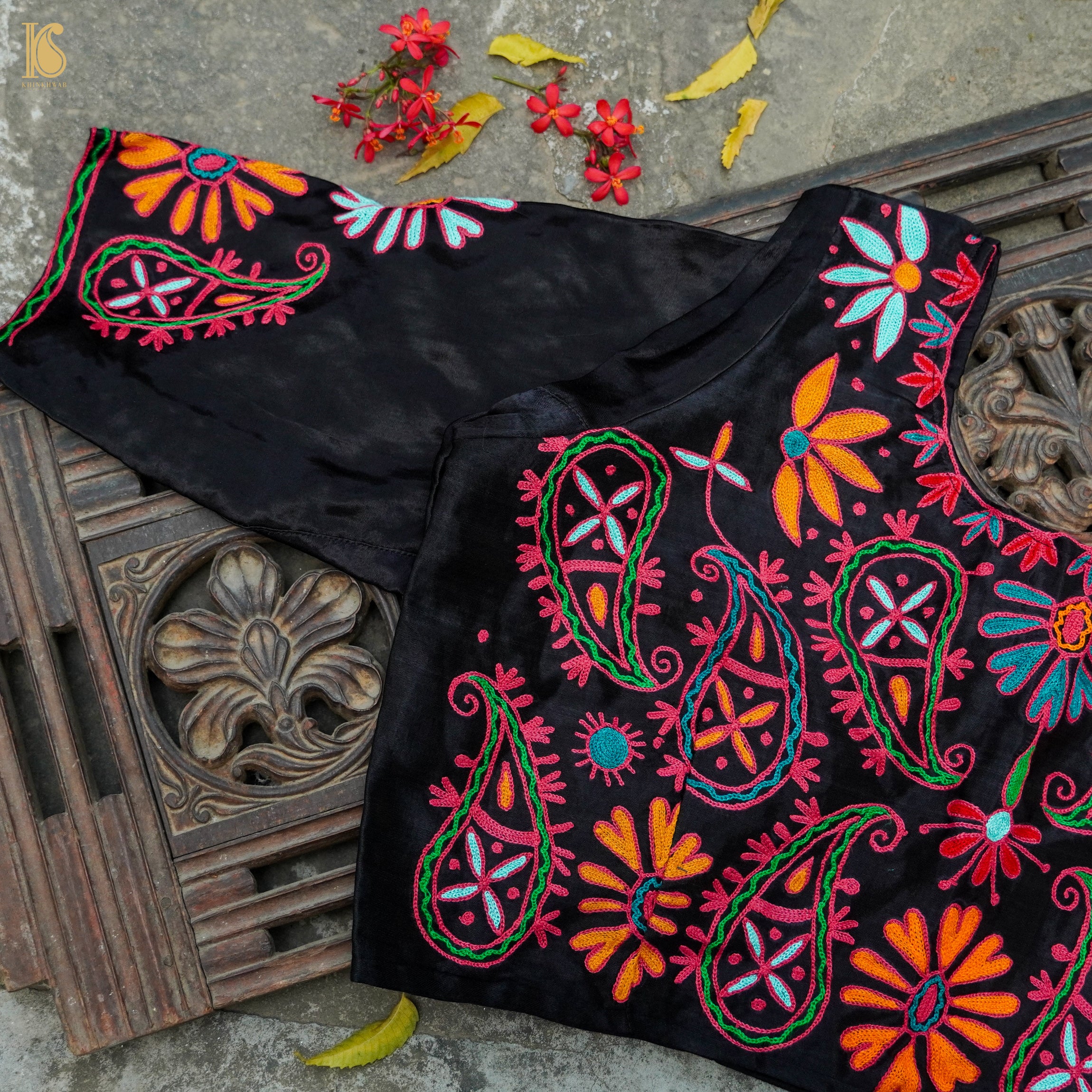 Black Pure Mashru Silk Stitched Blouse with Kutchi Embriodery - Khinkhwab