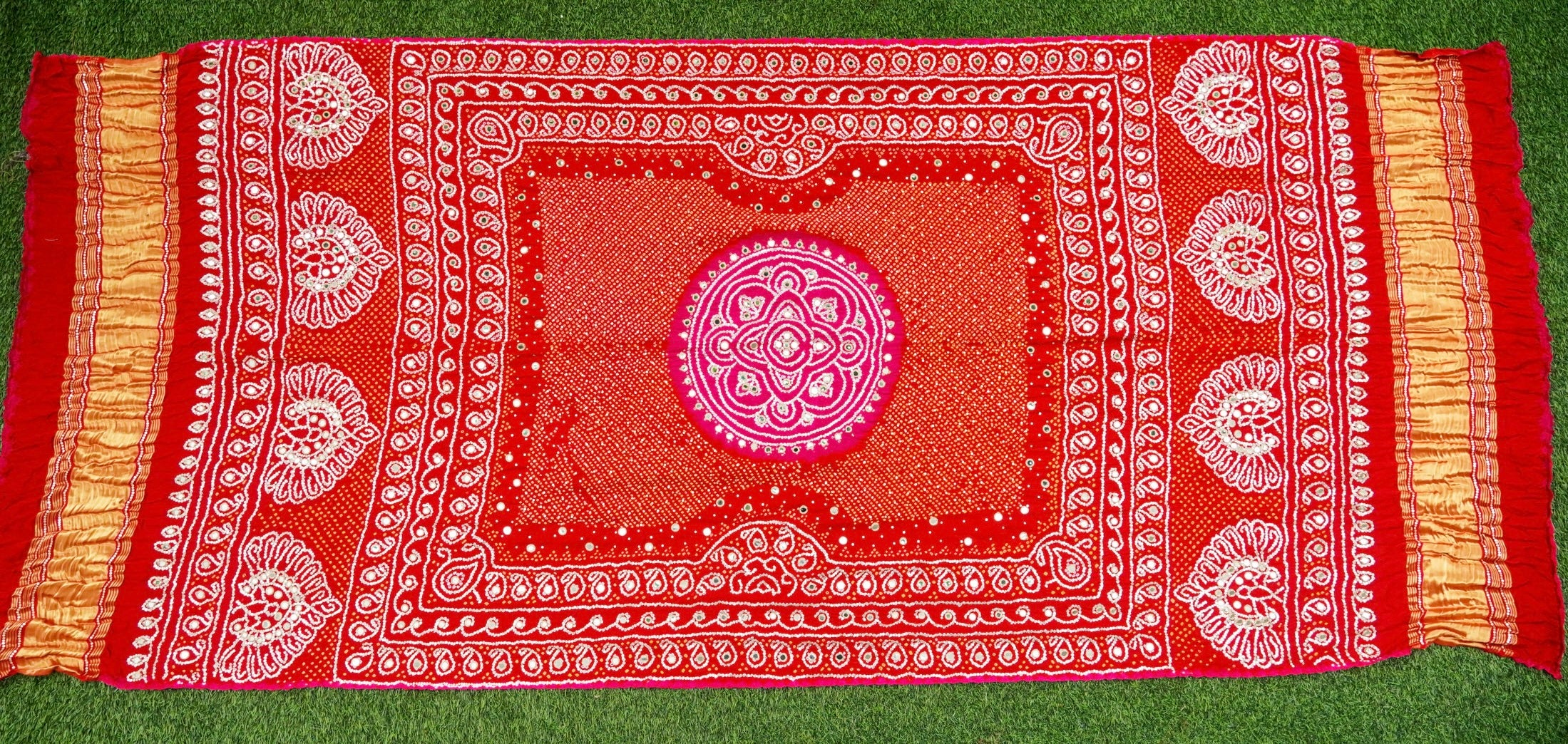 Red Gajji Silk Bandhani Gotta Patti & Mirror Work Dupatta - Khinkhwab