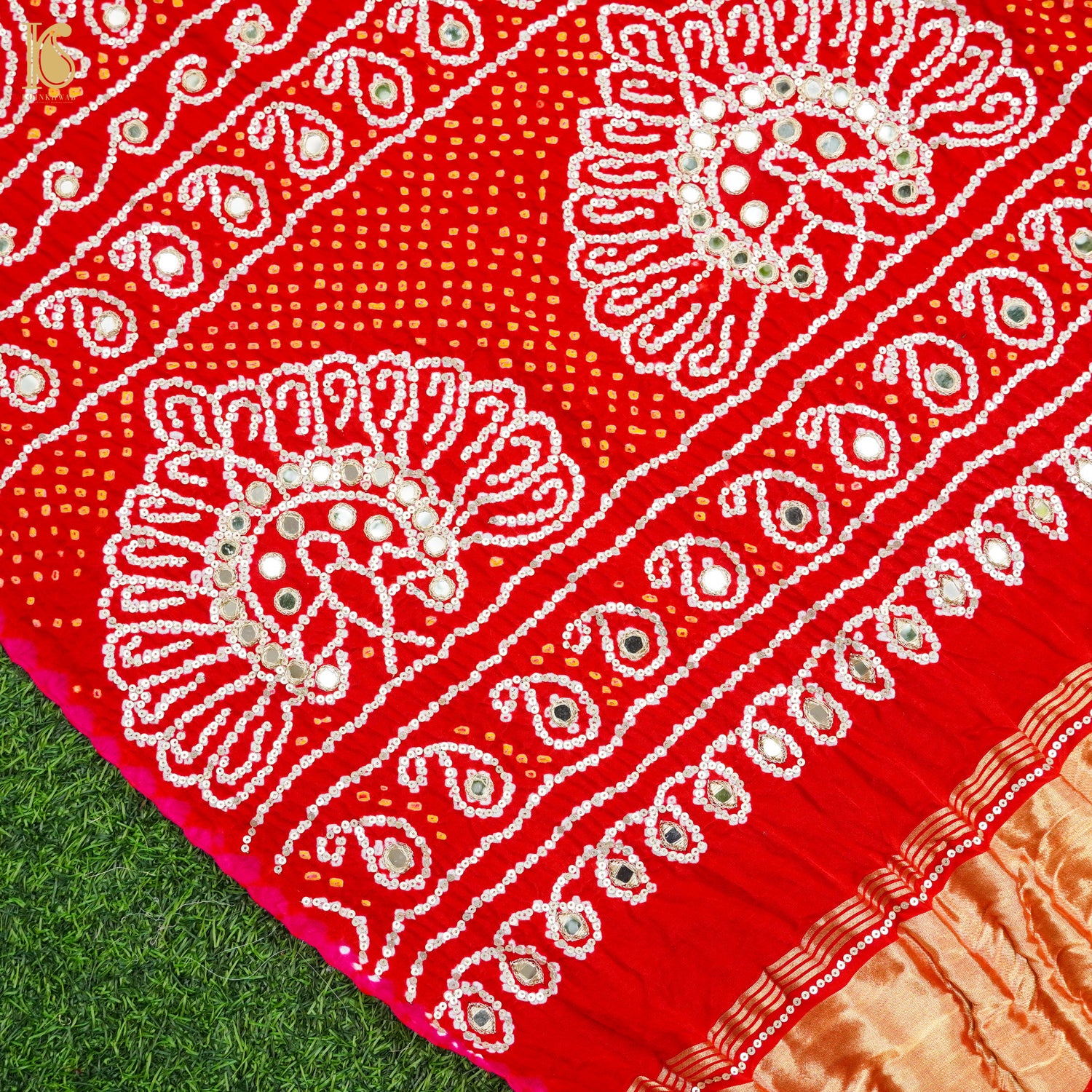 Red Gajji Silk Bandhani Gotta Patti & Mirror Work Dupatta - Khinkhwab