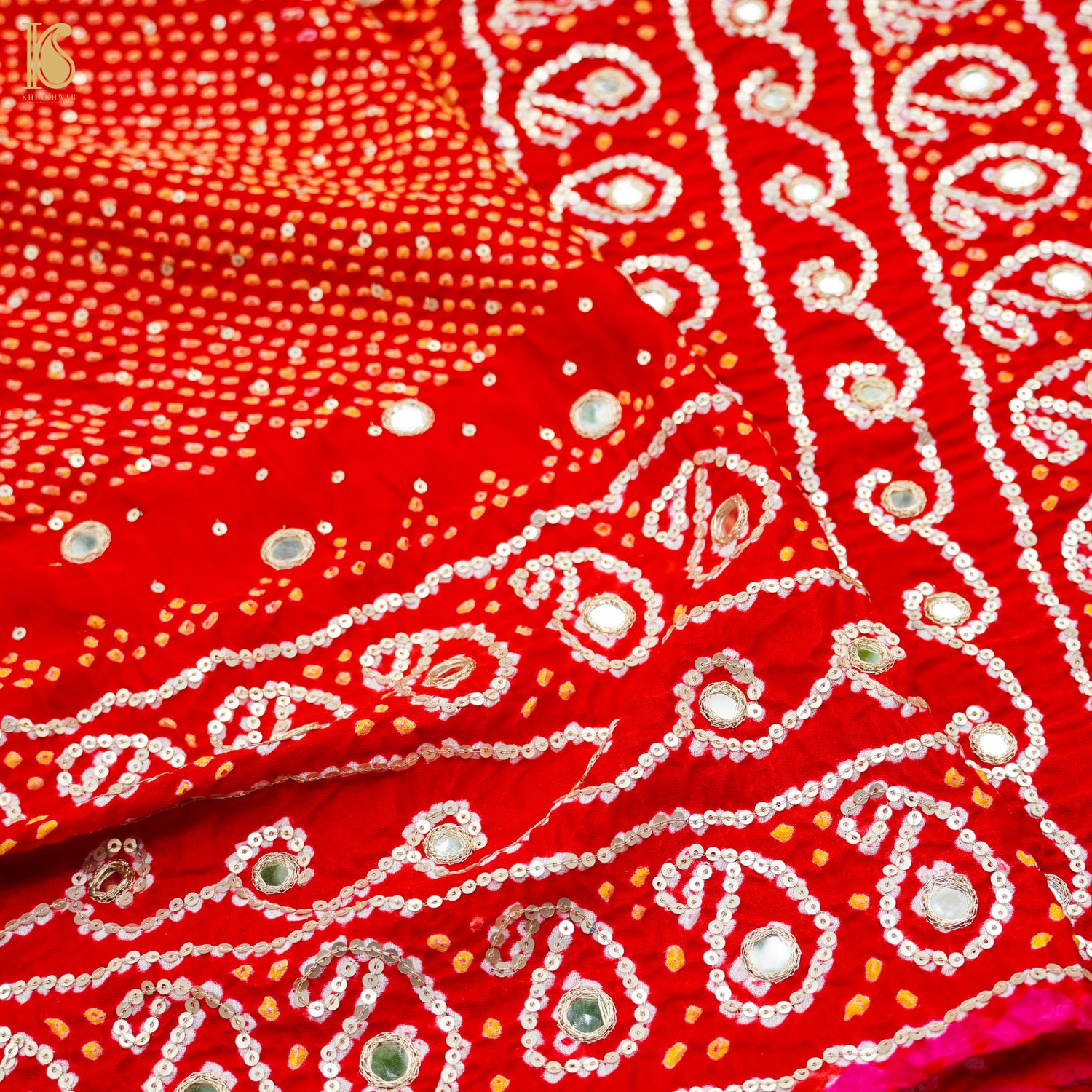 Red Gajji Silk Bandhani Gotta Patti & Mirror Work Dupatta - Khinkhwab