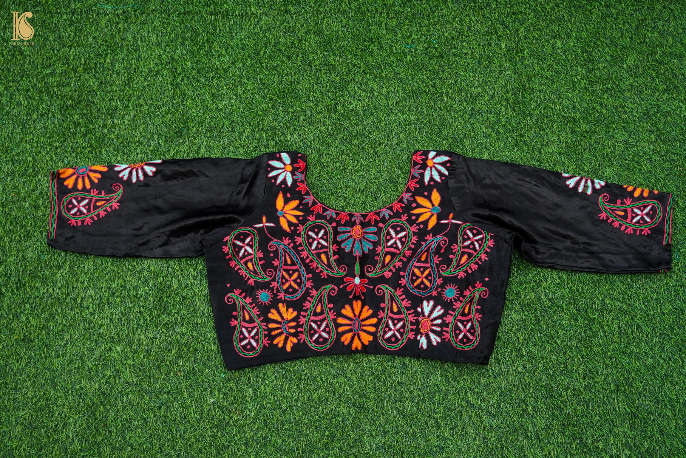Black Pure Mashru Silk Stitched Blouse with Kutchi Embriodery - Khinkhwab