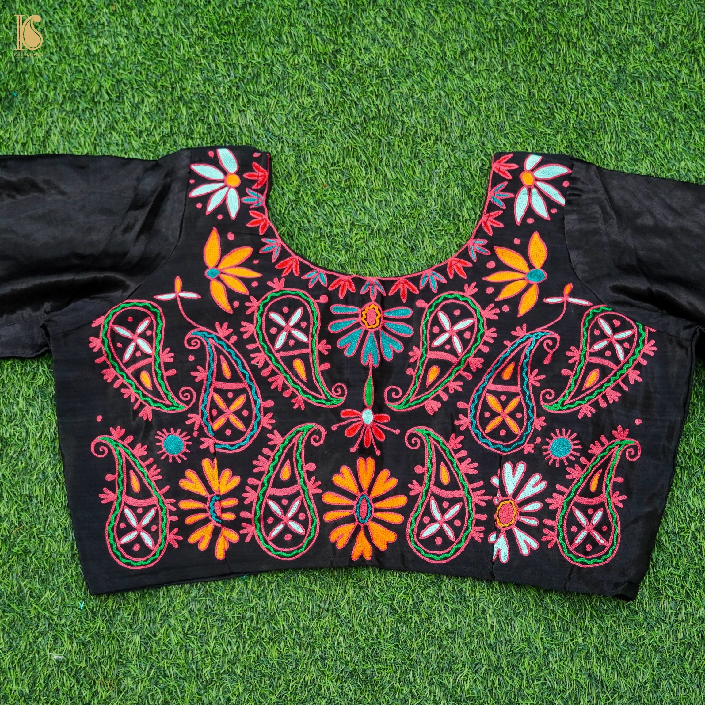 Black Pure Mashru Silk Stitched Blouse with Kutchi Embriodery - Khinkhwab