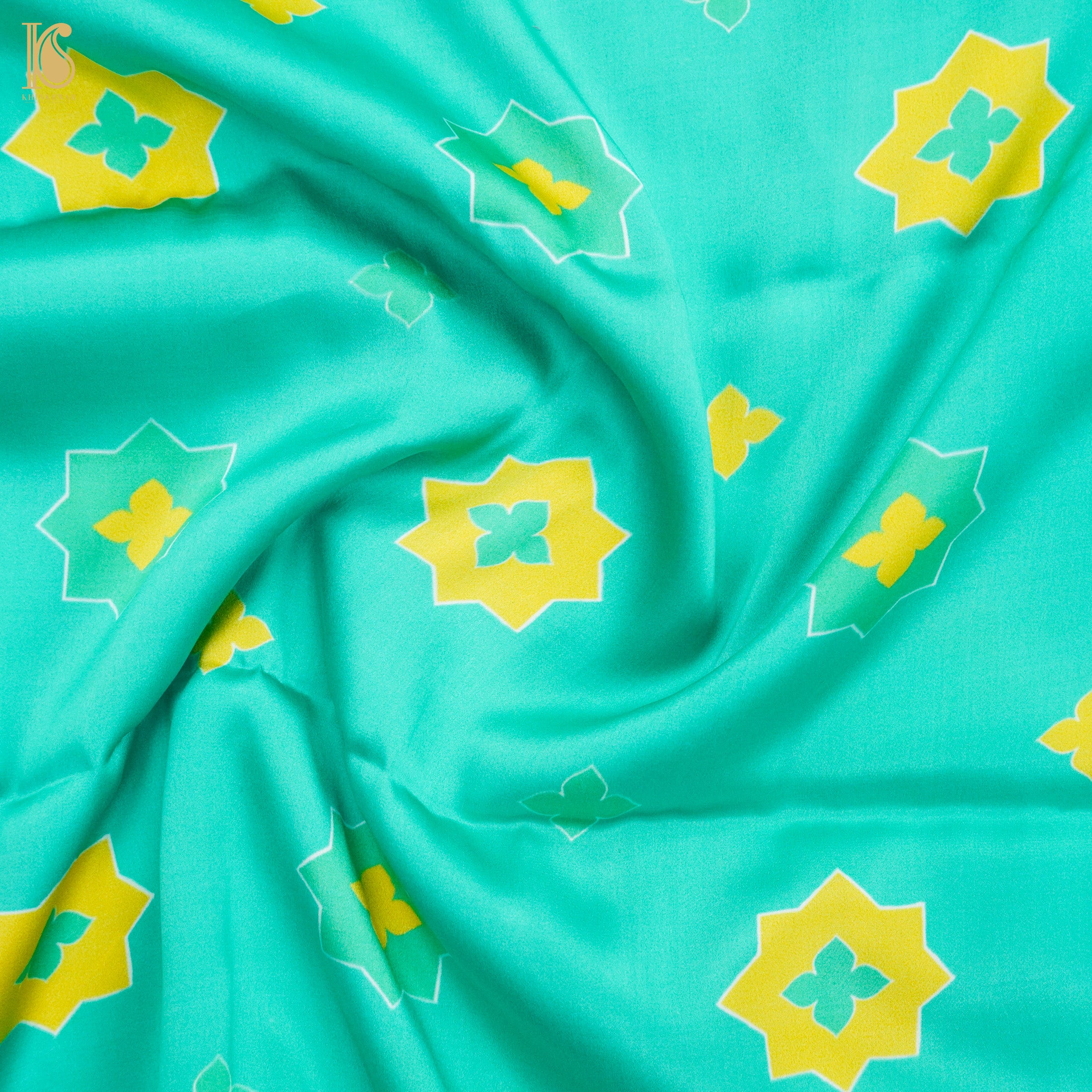 SITARA - Turquoise Blue Pure Sateen Silk Print Fabric - Khinkhwab