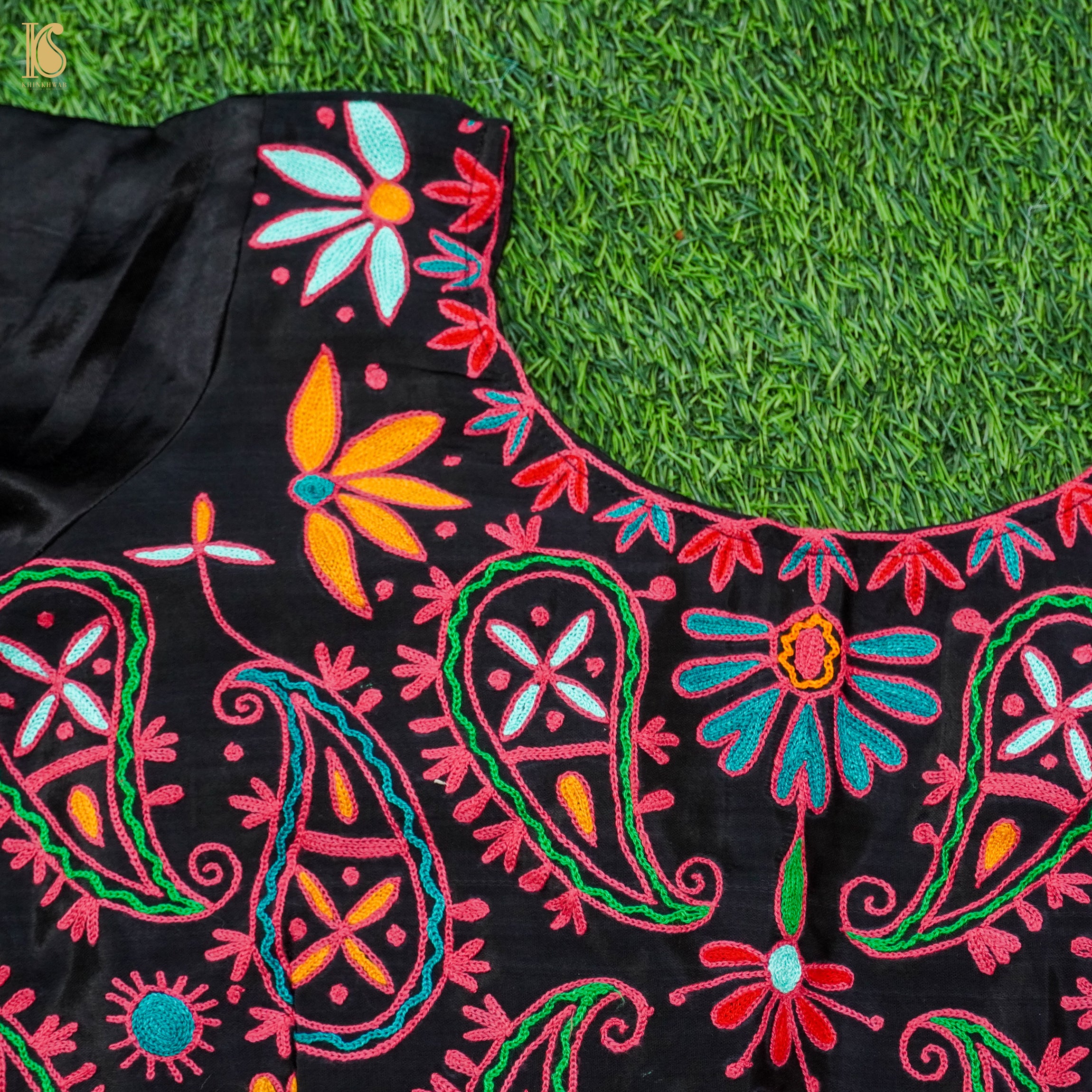 Black Pure Mashru Silk Stitched Blouse with Kutchi Embriodery - Khinkhwab