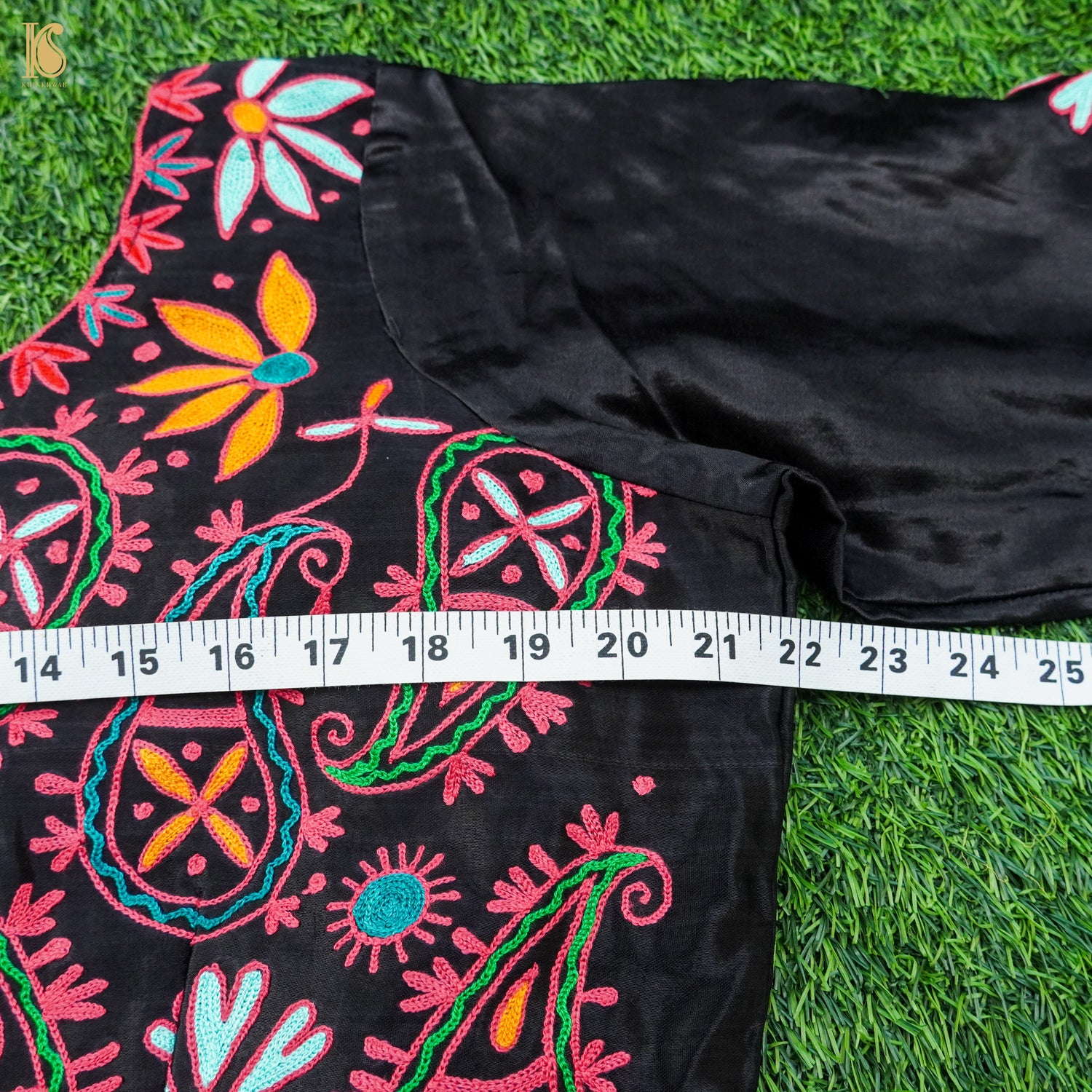 Black Pure Mashru Silk Stitched Blouse with Kutchi Embriodery - Khinkhwab