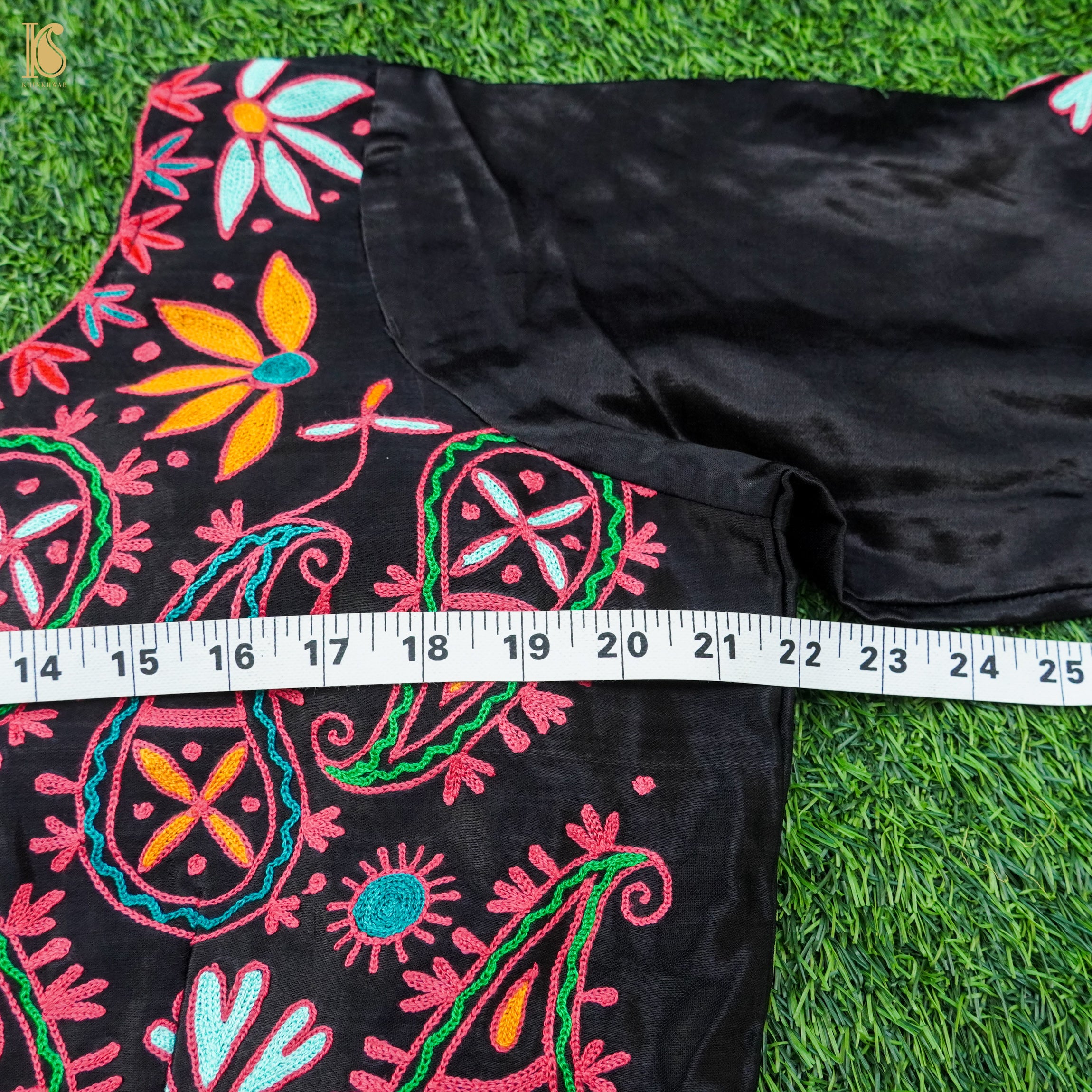 Black Pure Mashru Silk Stitched Blouse with Kutchi Embriodery - Khinkhwab