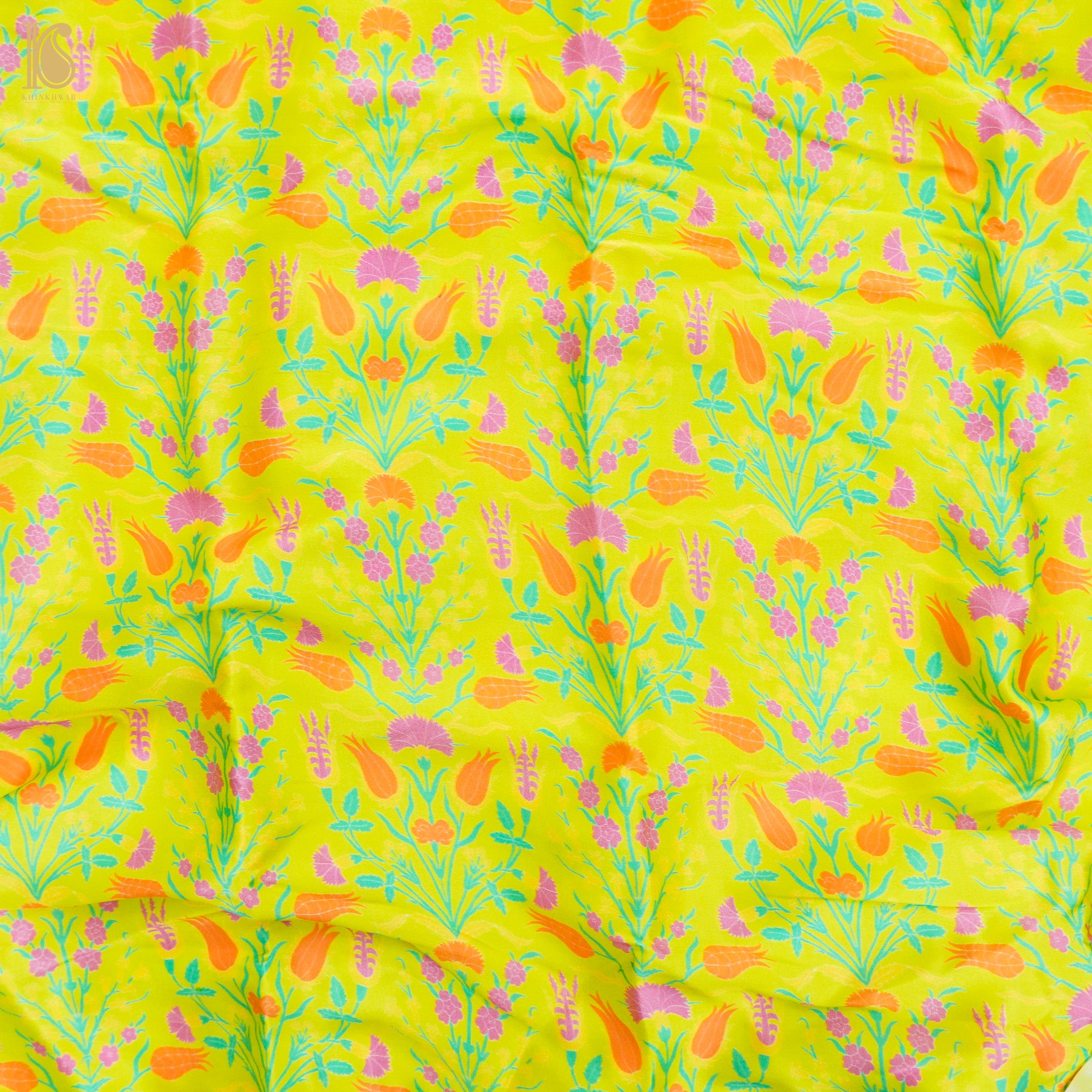 Lale- Pear Green Pure Sateen Silk Print Fabric - Khinkhwab