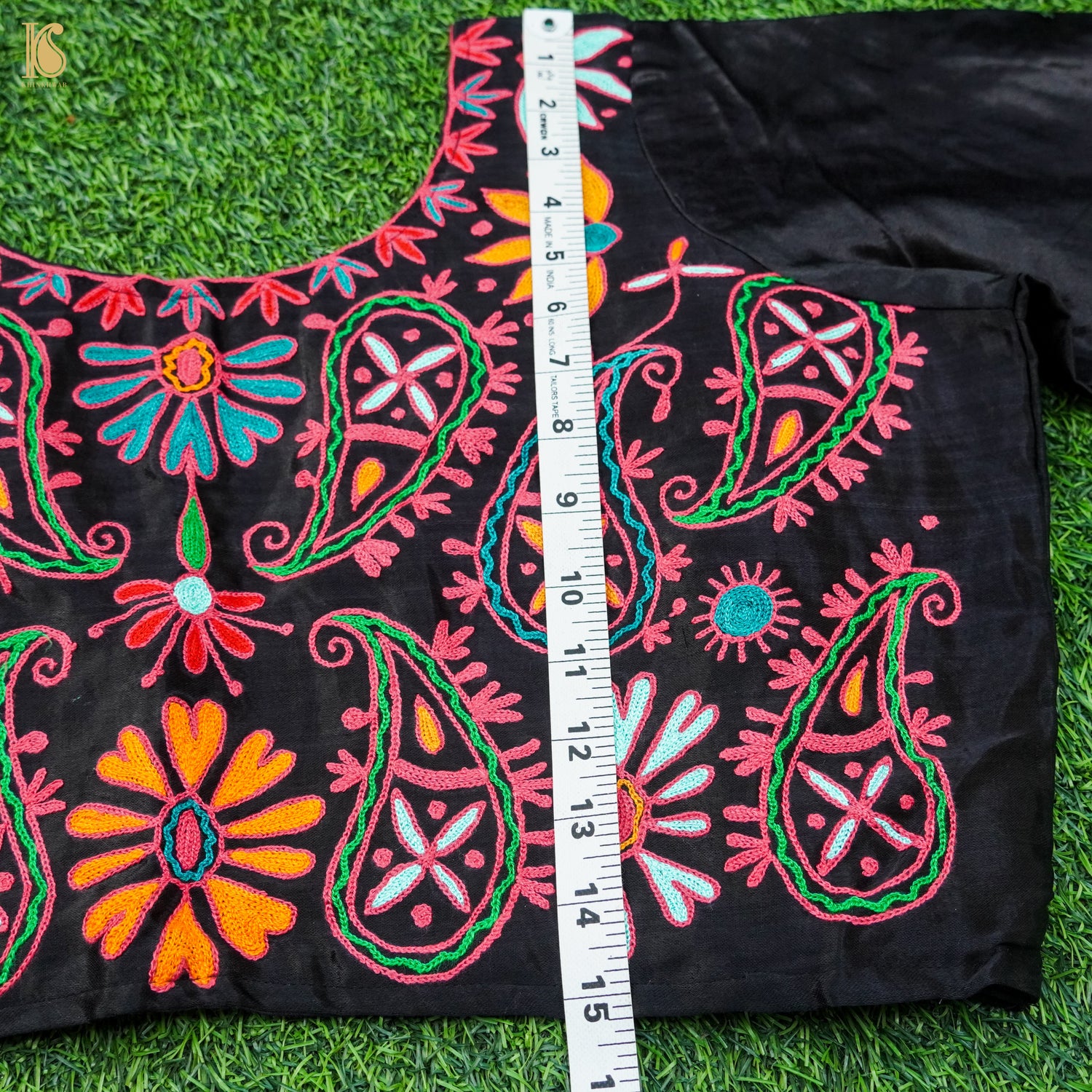 Black Pure Mashru Silk Stitched Blouse with Kutchi Embriodery - Khinkhwab