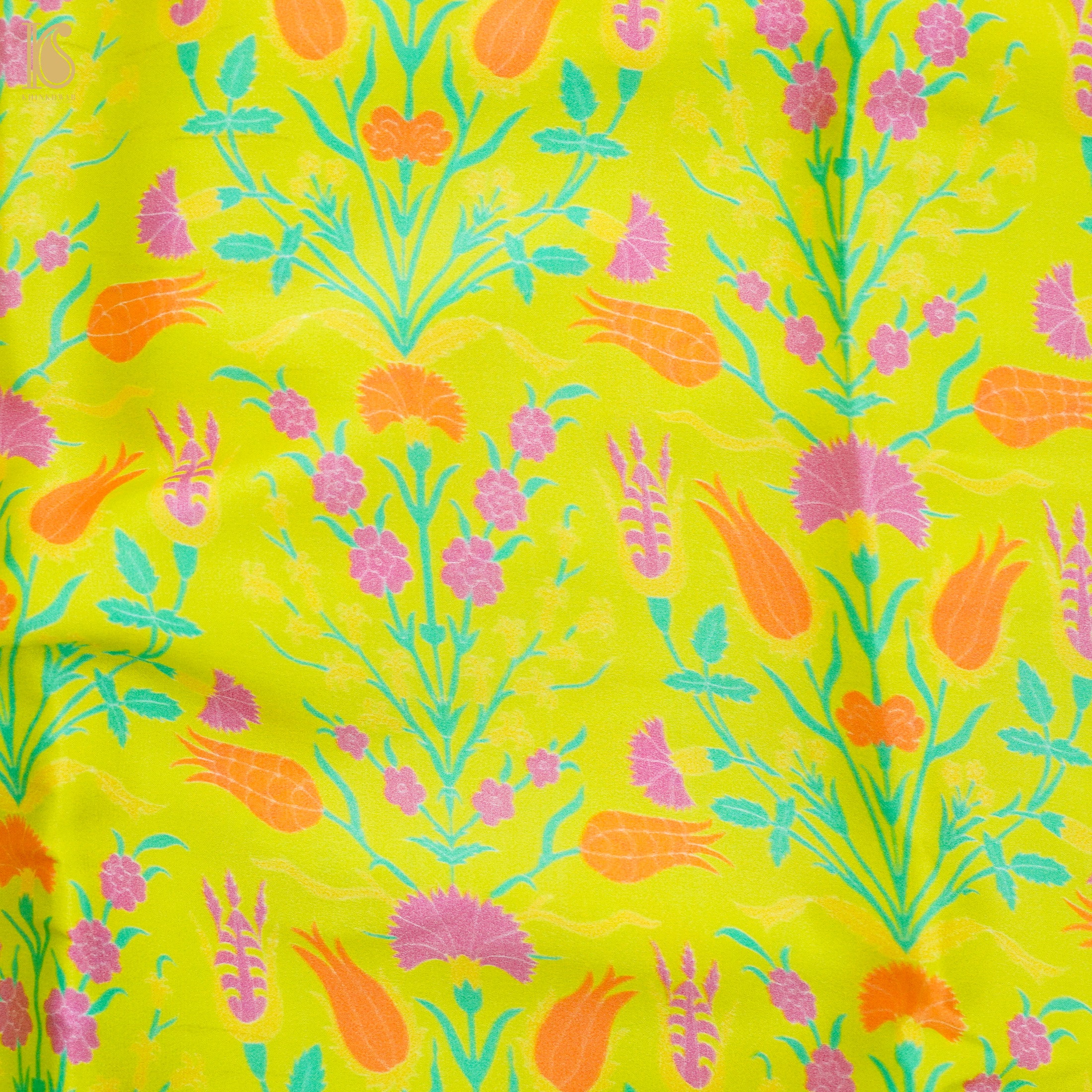 Lale- Pear Green Pure Sateen Silk Print Fabric - Khinkhwab