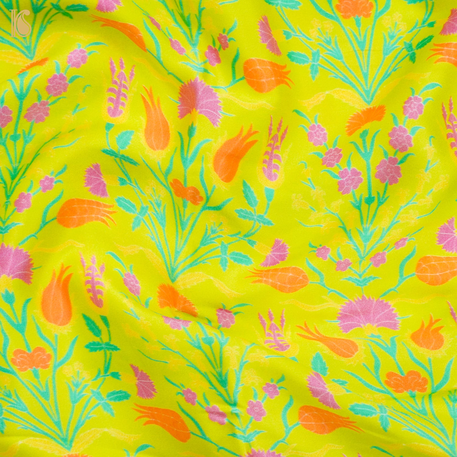 Lale- Pear Green Pure Sateen Silk Print Fabric - Khinkhwab