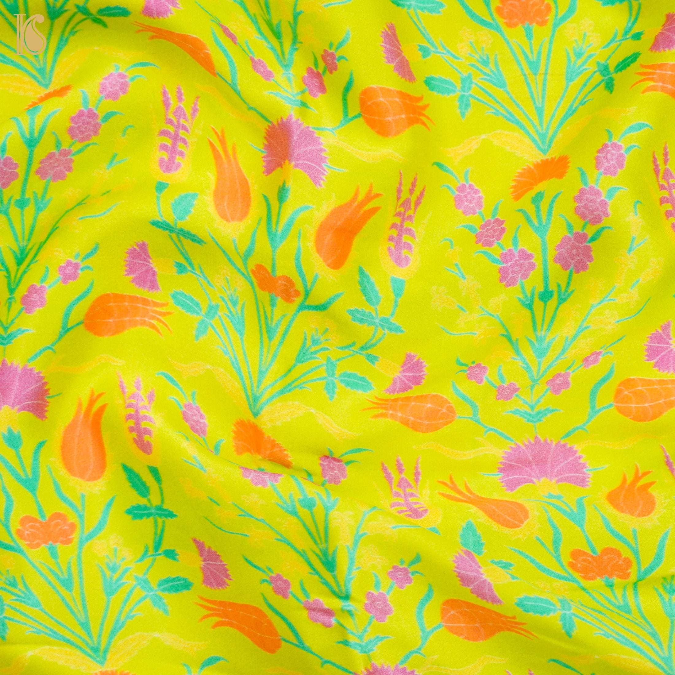 Lale- Pear Green Pure Sateen Silk Print Fabric - Khinkhwab