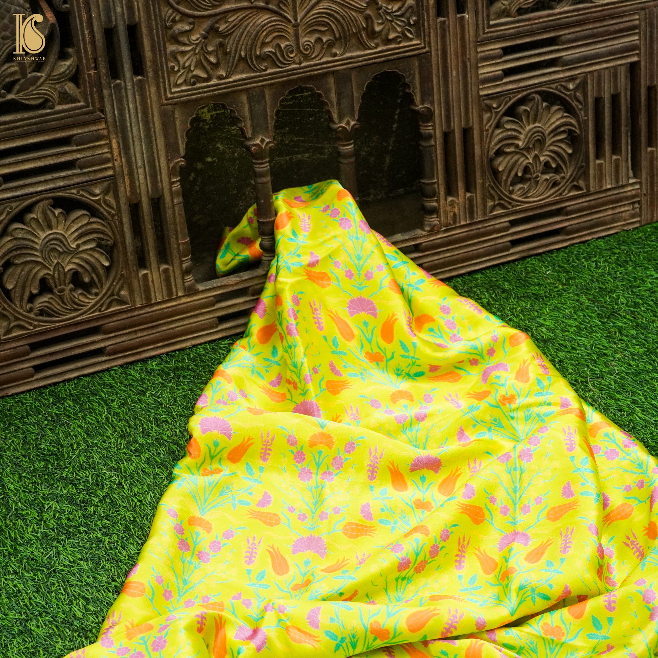 Lale- Pear Green Pure Sateen Silk Print Fabric - Khinkhwab