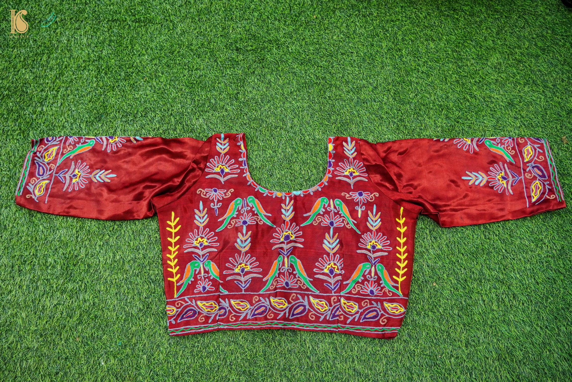 Red Pure Mashru Silk Stitched Blouse with Kutchi Embriodery - Khinkhwab