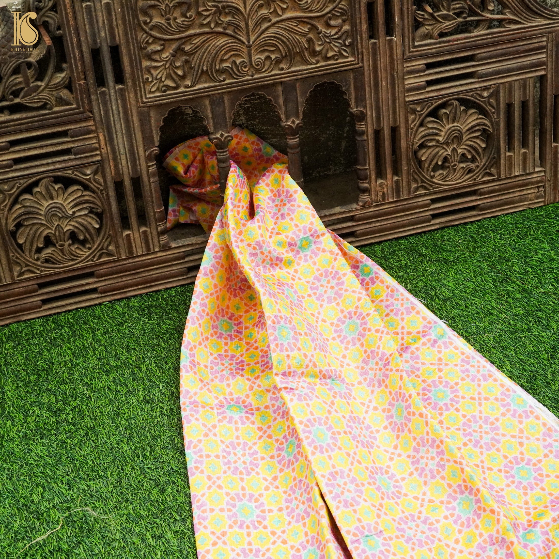 NİLÜFER - Dover Yellow Pure Raw Silk Print Fabric - Khinkhwab