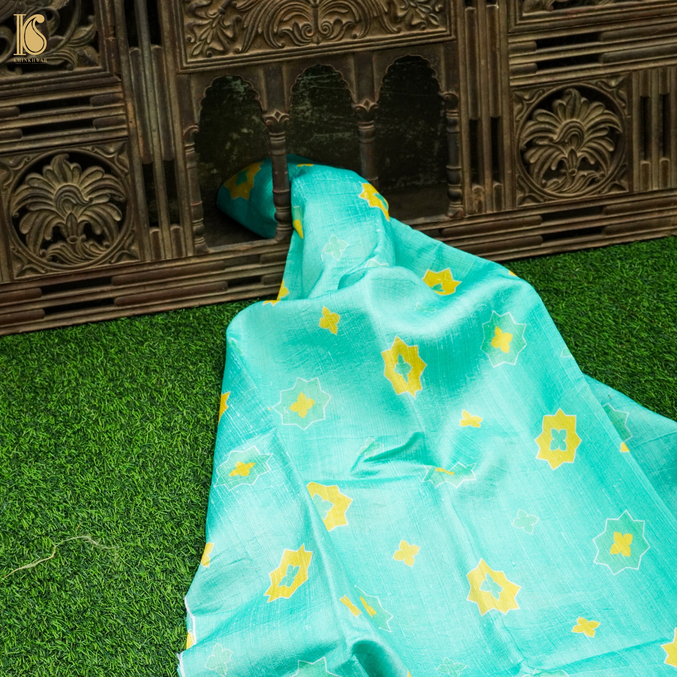 SITARA - Turquoise Pure Raw Silk Print Fabric - Khinkhwab