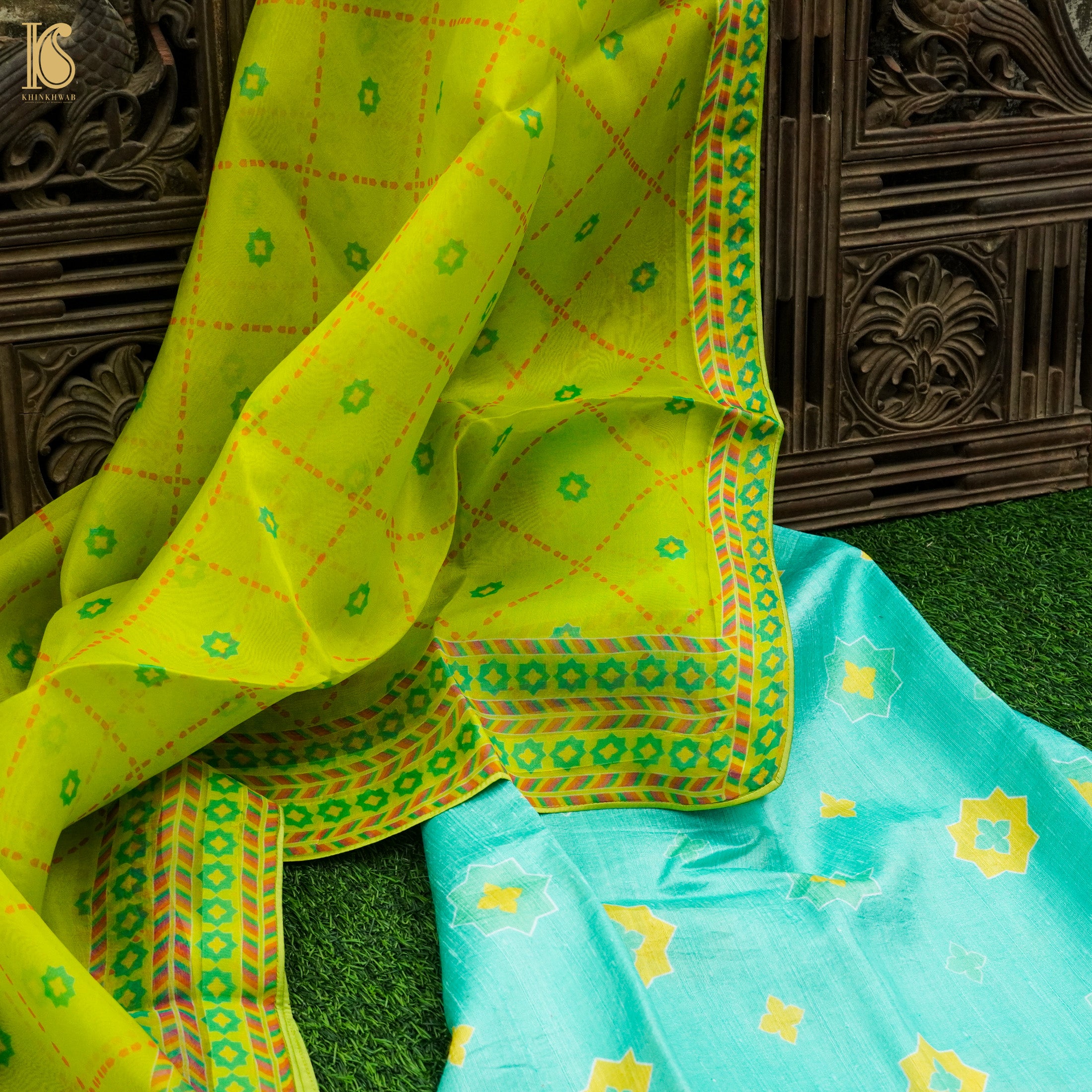 SITARA - Turquoise Pure Raw Silk Print Fabric - Khinkhwab