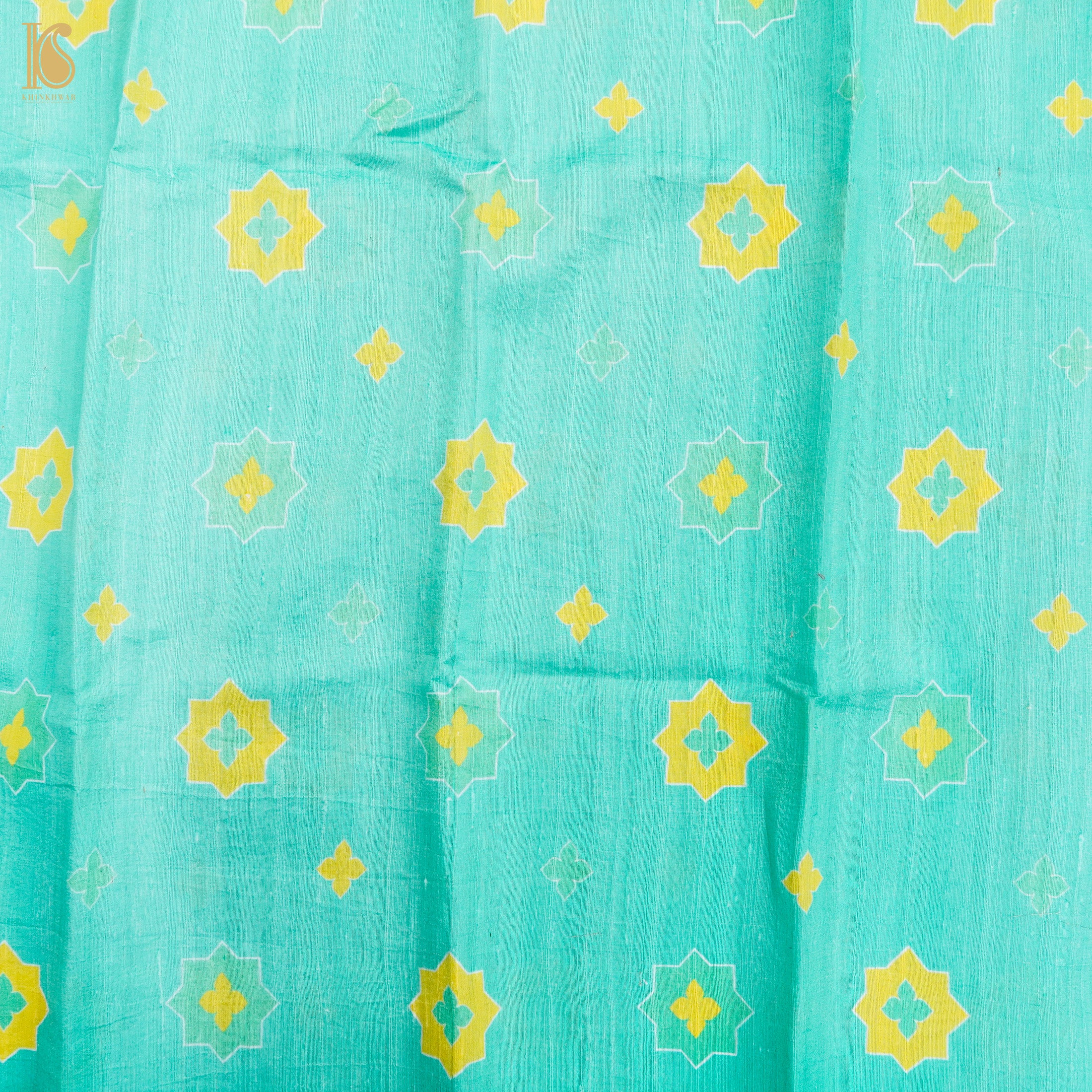 SITARA - Turquoise Pure Raw Silk Print Fabric - Khinkhwab