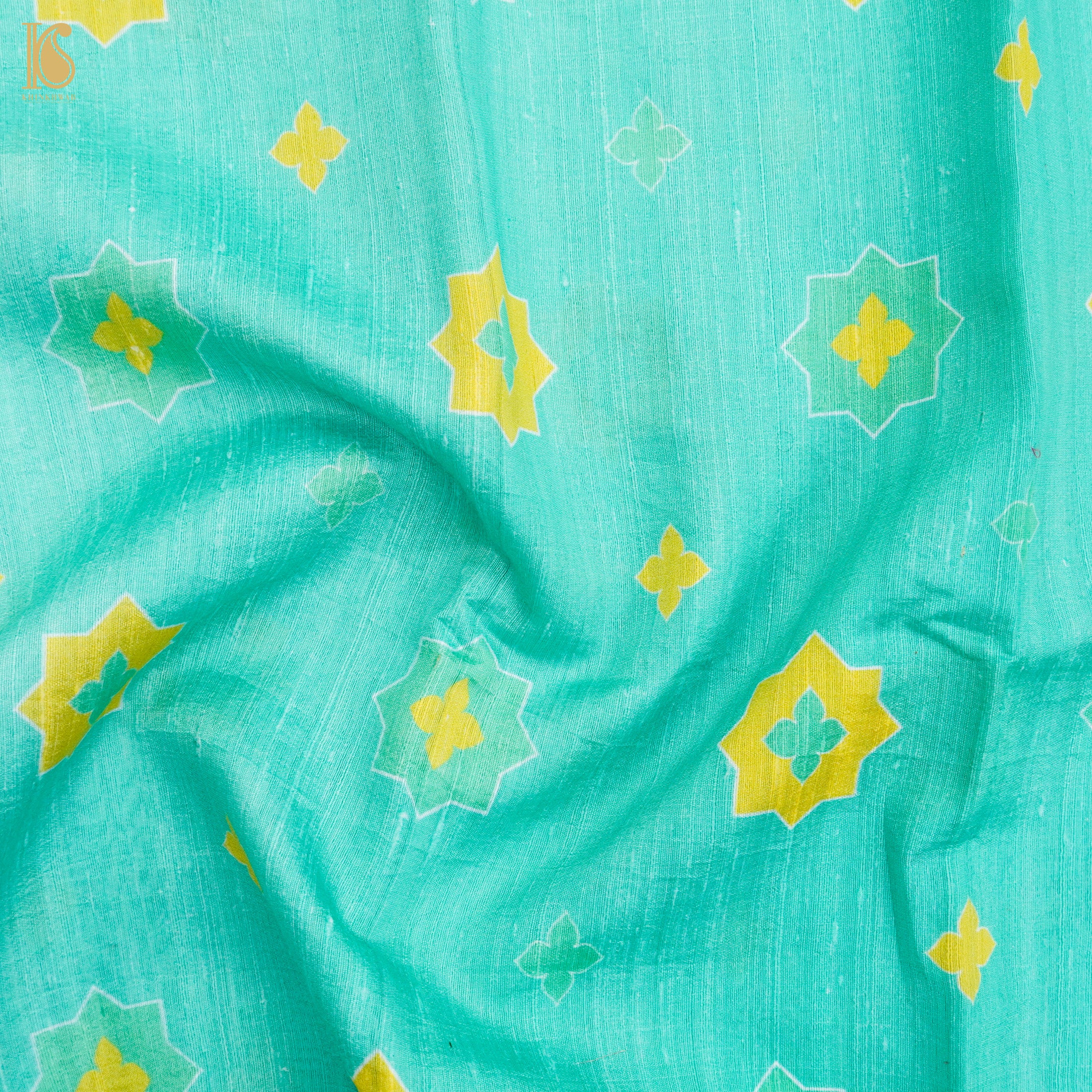 SITARA - Turquoise Pure Raw Silk Print Fabric - Khinkhwab