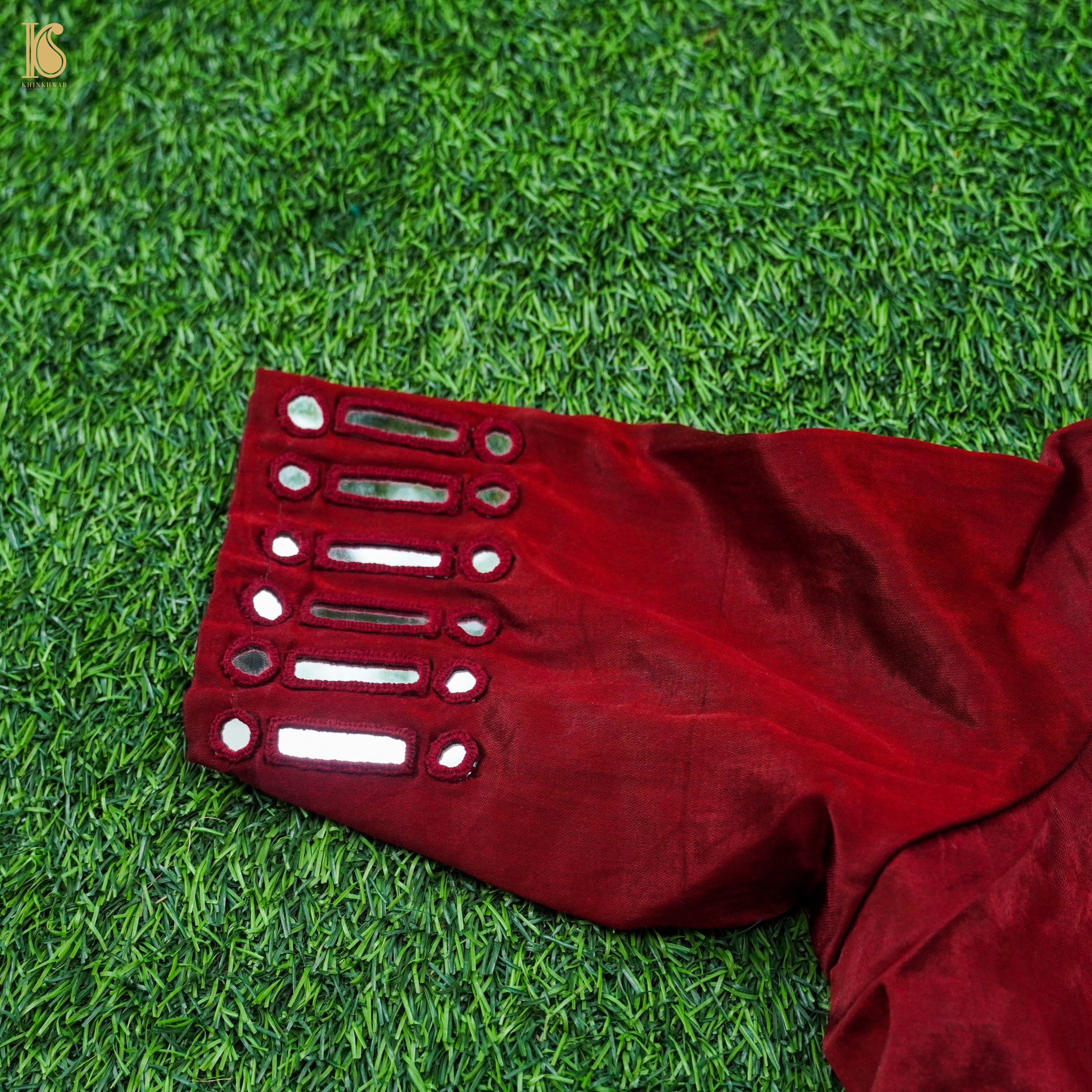 Venetian Red Pure Mashru Silk Stitched Blouse with Mirror Work - Khinkhwab