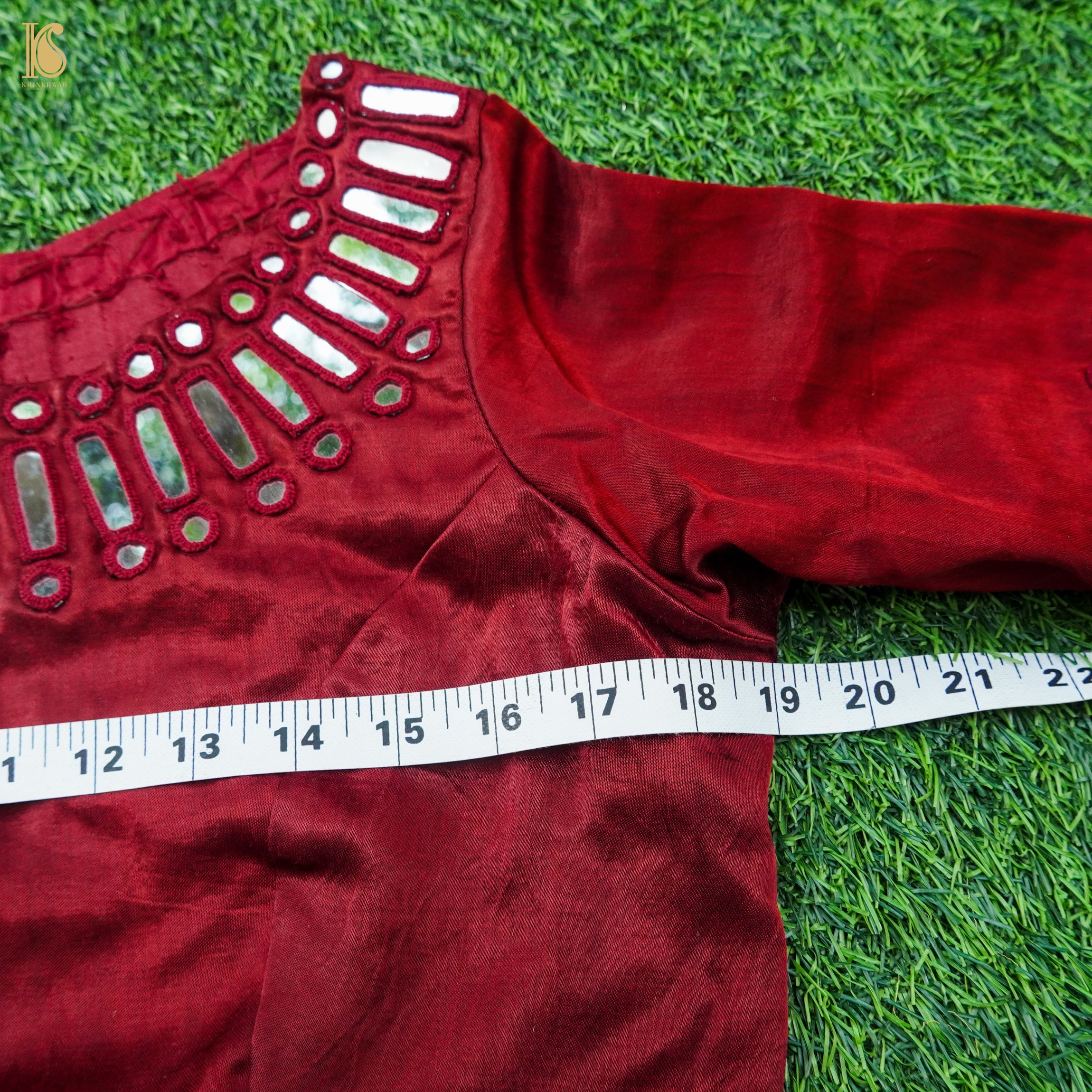 Venetian Red Pure Mashru Silk Stitched Blouse with Mirror Work - Khinkhwab