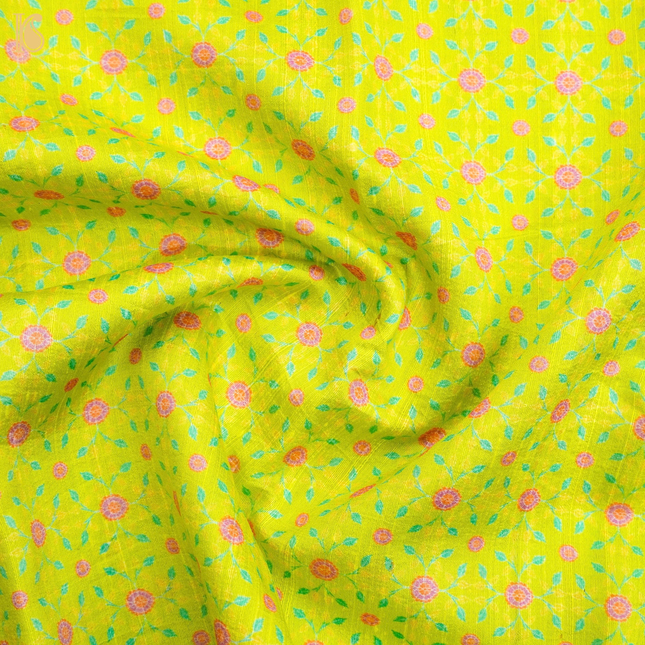 KARANFİL -Barberry Green Pure Raw Silk Print Fabric - Khinkhwab