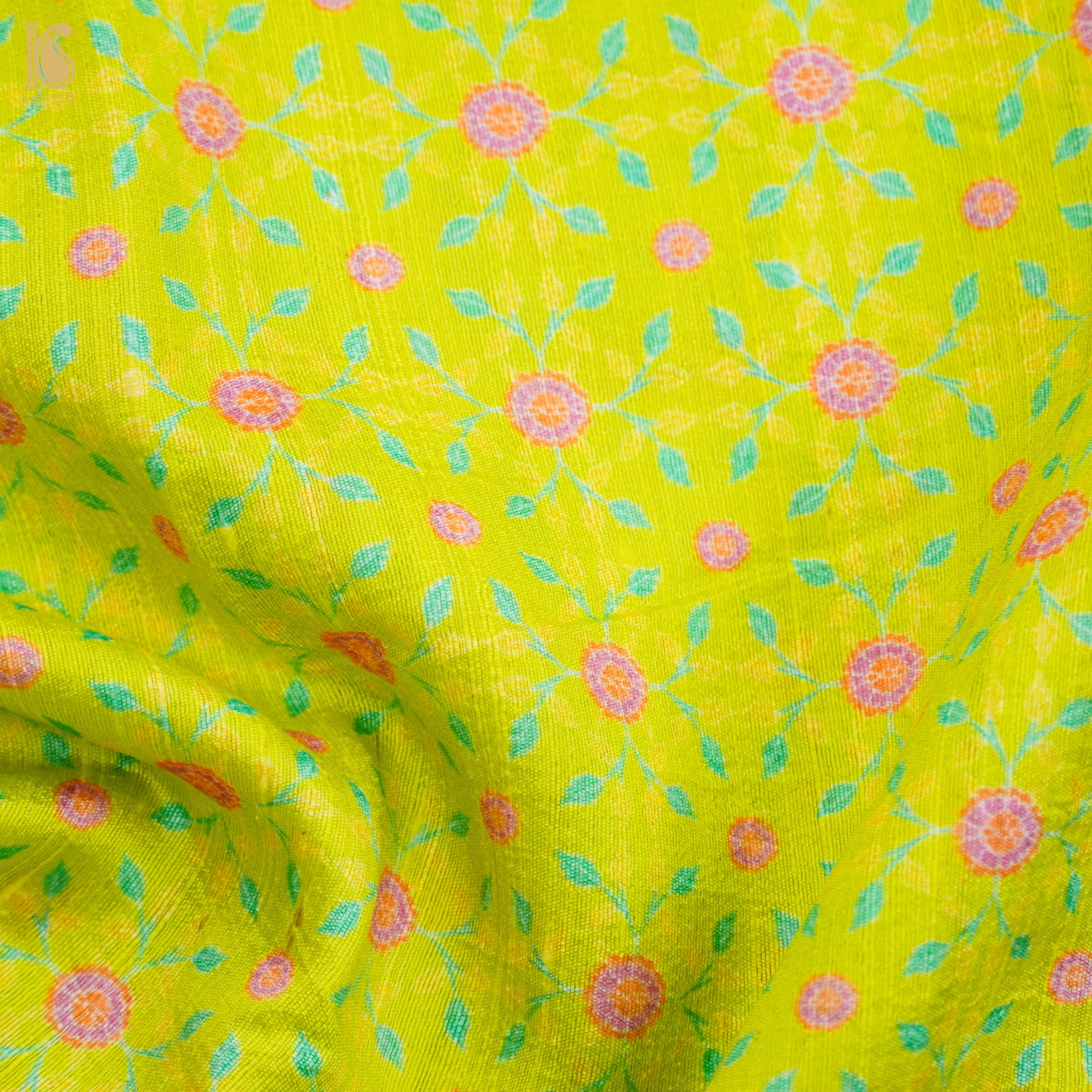 KARANFİL -Barberry Green Pure Raw Silk Print Fabric - Khinkhwab