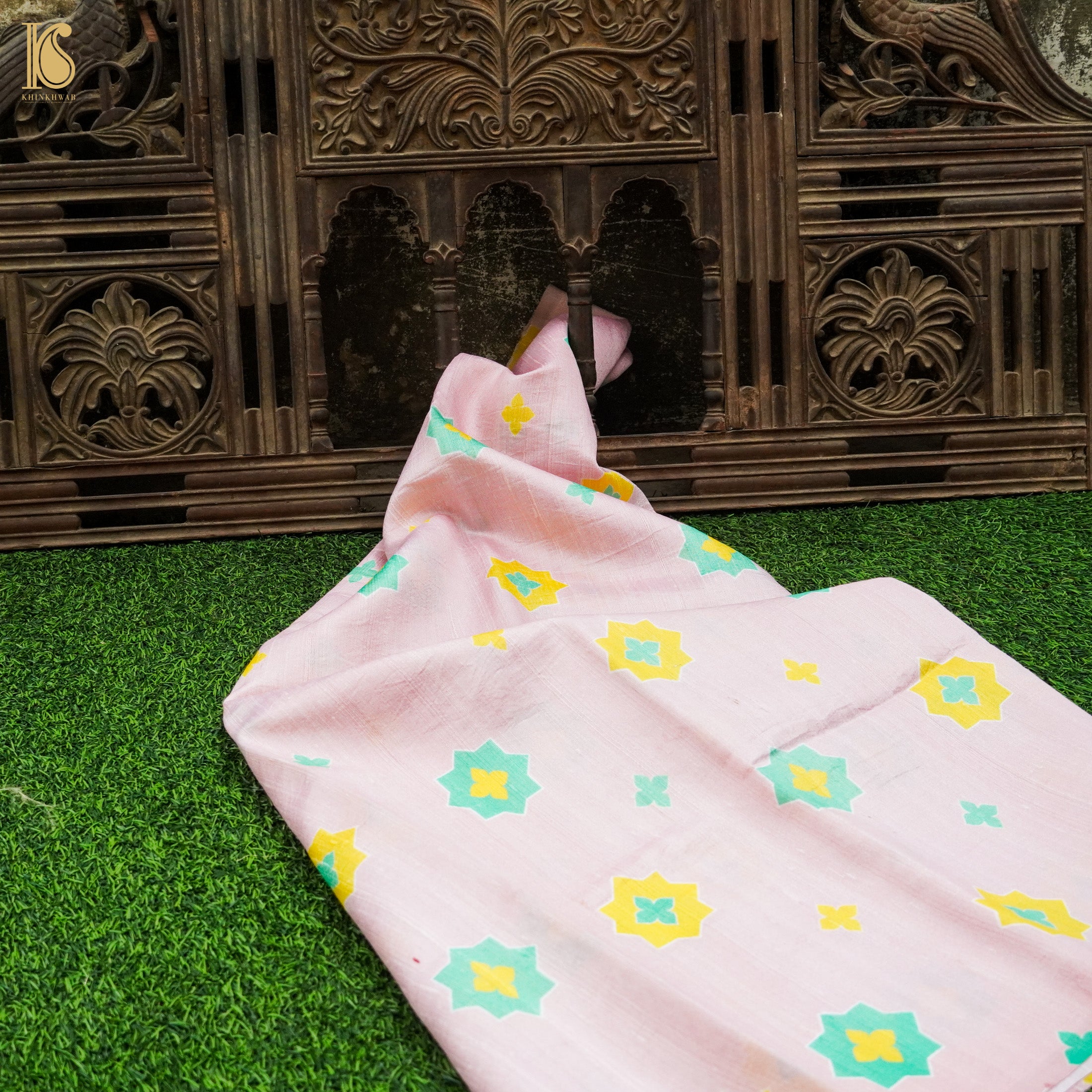 SITARA - Twilight Pink Pure Raw Silk Print Fabric - Khinkhwab
