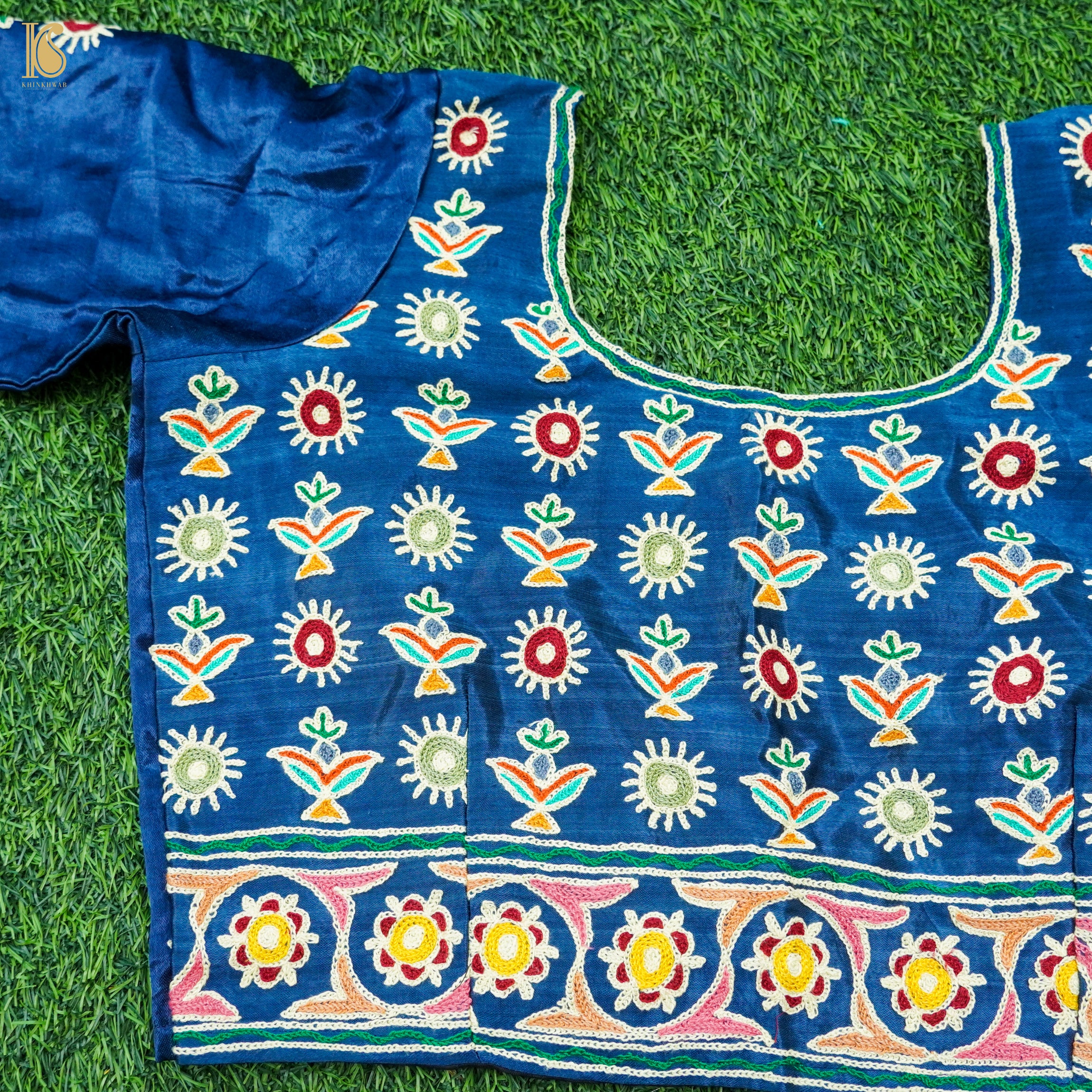 Cerulean Blue Pure Mashru Silk Stitched Blouse with Kutchi Embriodery - Khinkhwab