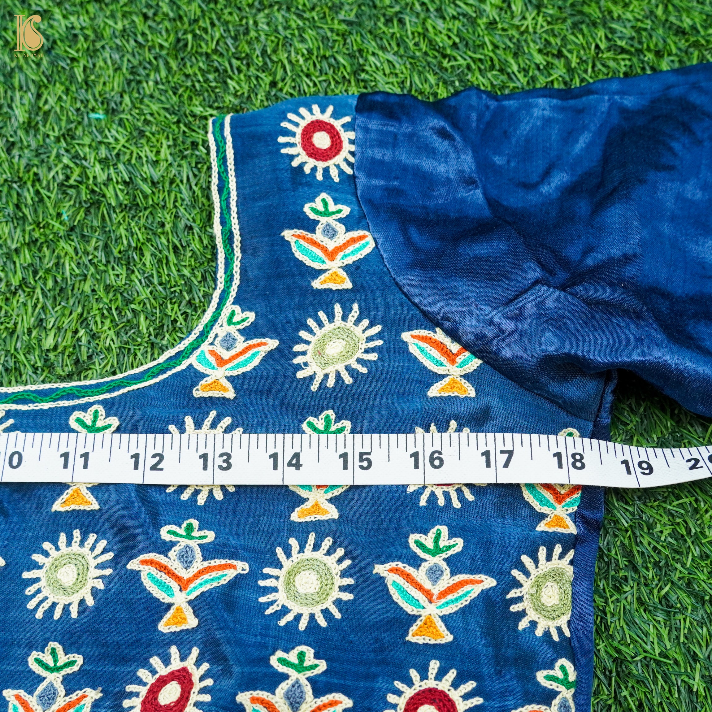 Cerulean Blue Pure Mashru Silk Stitched Blouse with Kutchi Embriodery - Khinkhwab