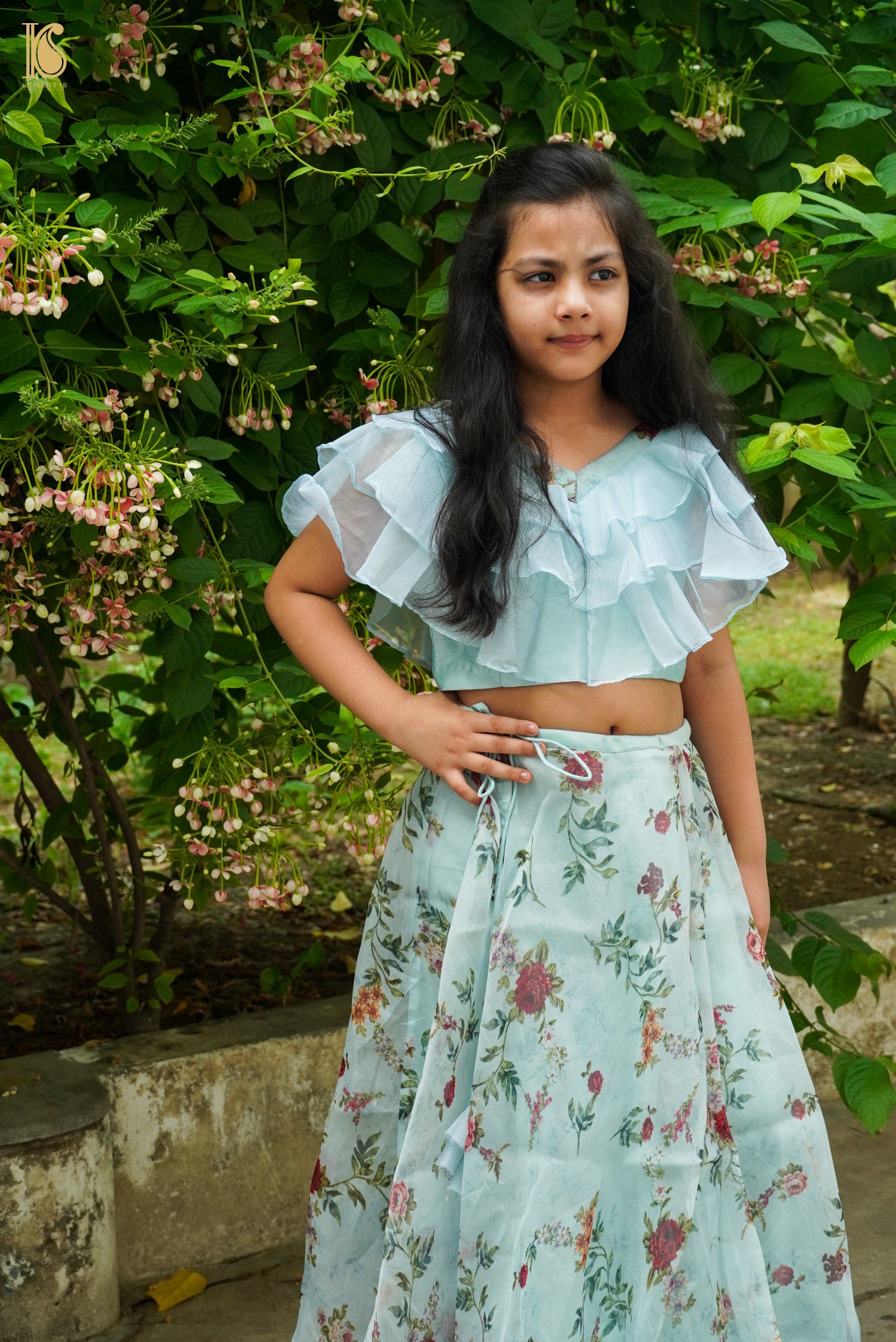 Blue Pure Floral Organza Kids Stitched Lehenga Set - Khinkhwab