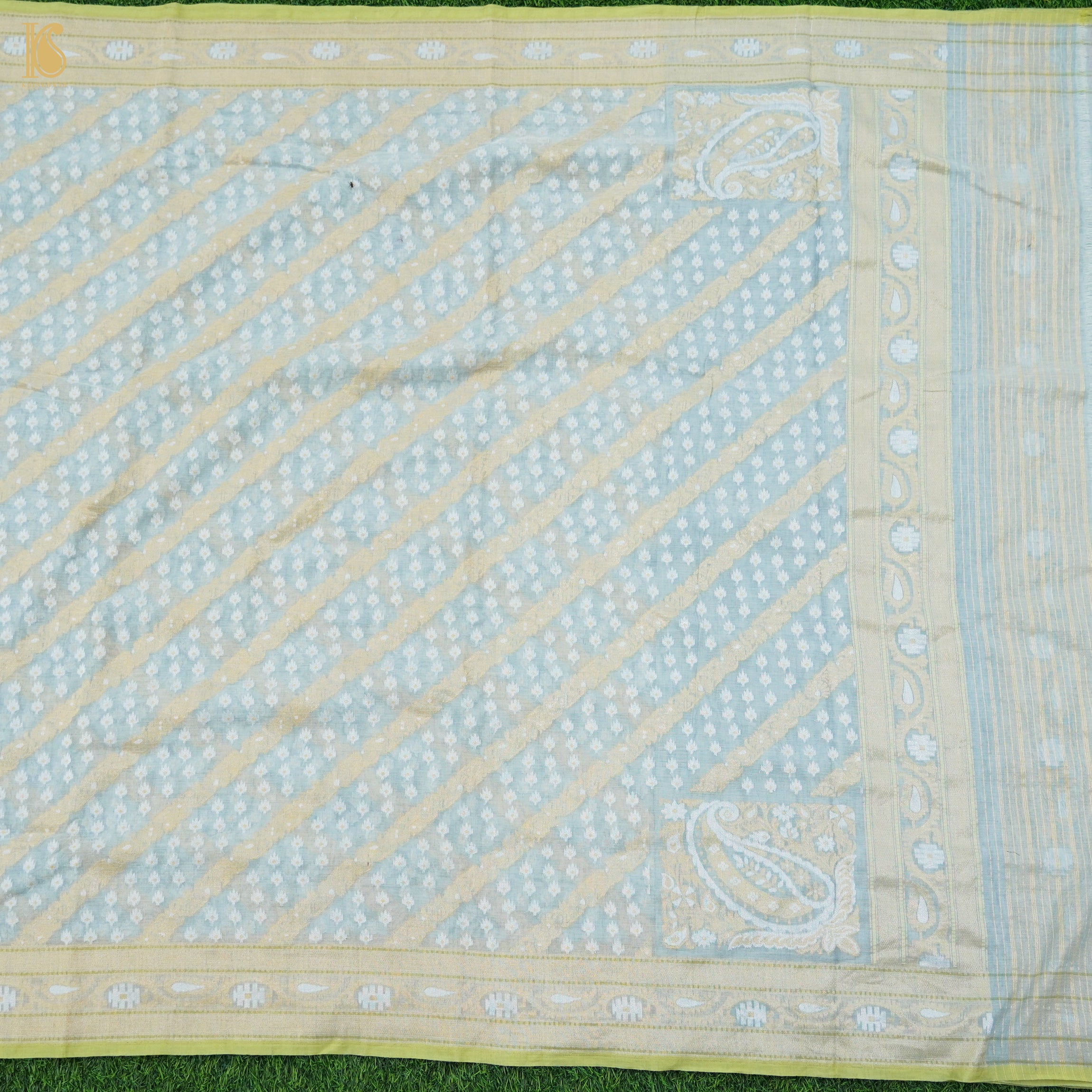 Iron Blue Pure Cotton Handloom Banarasi Jamdani Ektara Saree - Khinkhwab