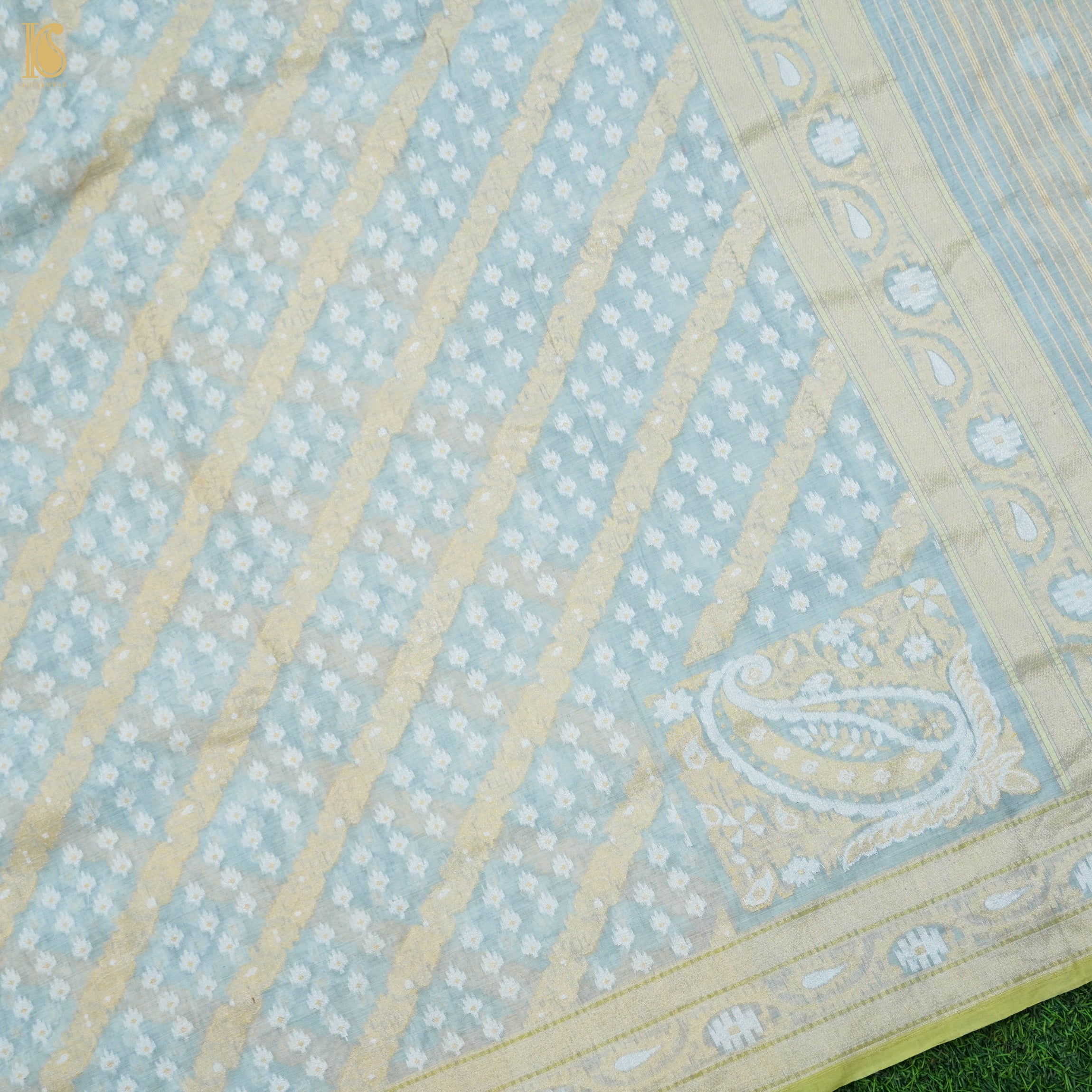 Iron Blue Pure Cotton Handloom Banarasi Jamdani Ektara Saree - Khinkhwab