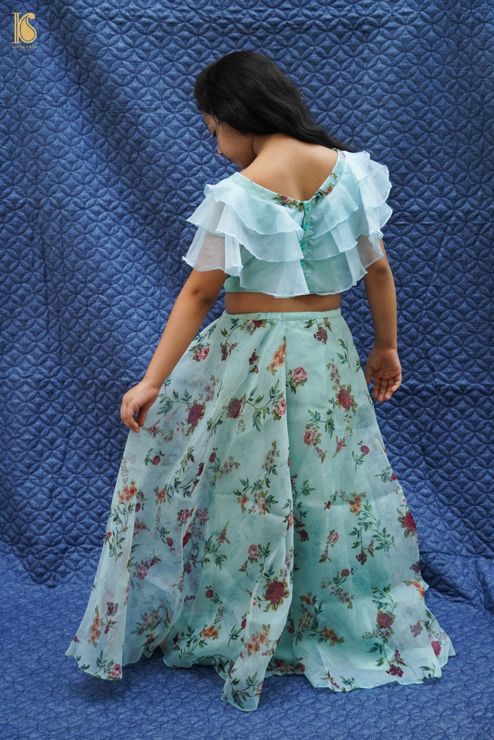 Blue Pure Floral Organza Kids Stitched Lehenga Set - Khinkhwab